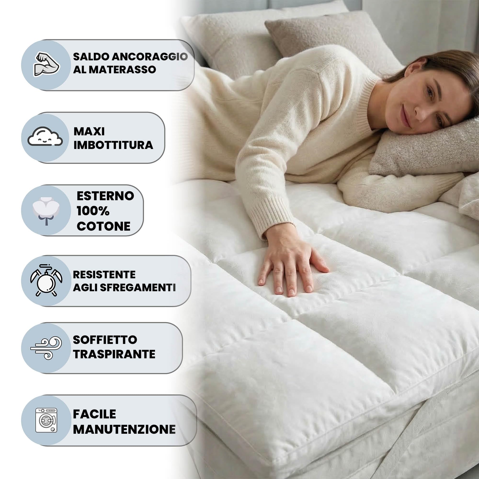 Topper Matrimoniale One in Cotone con Imbottitura di 1100gr/mq e soffietto 8cm - NON SCIVOLA con Cinghie Angolari - Facile da Lavare, Trapuntato (160x195cm)