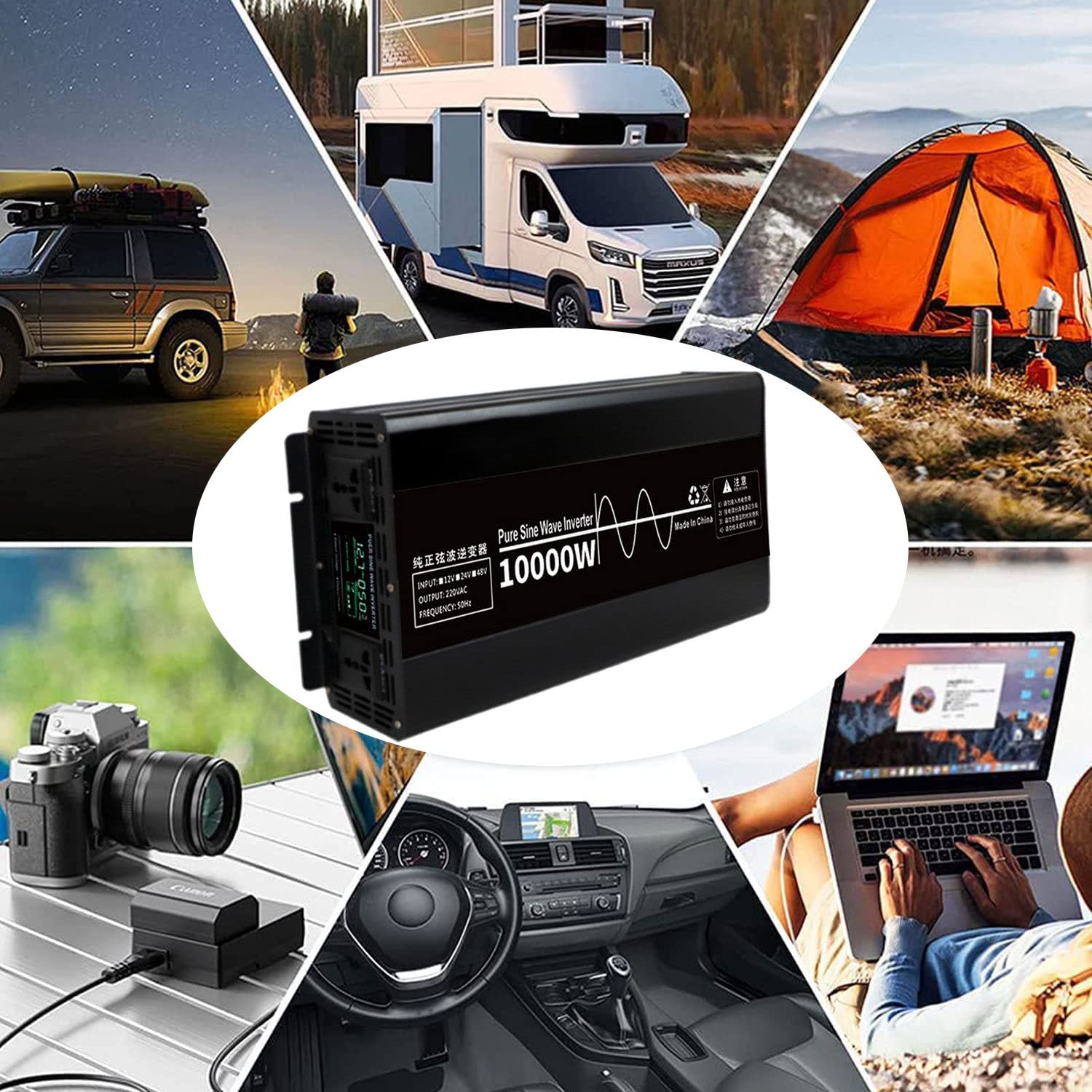 Przetwornica Czystej Fali Sinusoidalnej 12V/24V/48V Na 220V/230V Przetwornica Samochodowa Mocy Z Wyświetlaczem Lcd 2 Gniazda Ac Do RV łodzi,Kempingów,Gospodarstw Domowych,10000W-24V