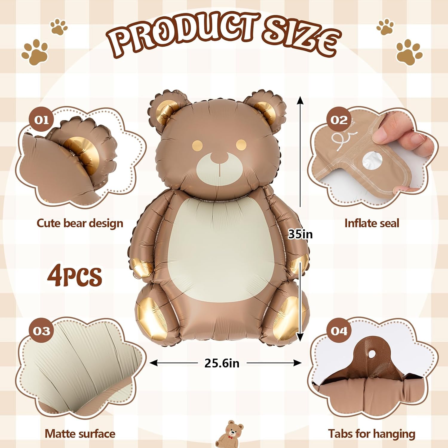 Simgoing 4 Pcs 21x35'' Big Brown Bear Foil Balloon Birthday Decor, Bright image 2
