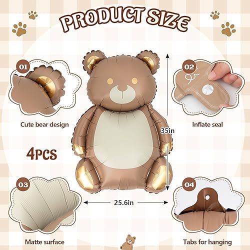 Miniatura 9 de Simgoing 12 globos de oso marrón de 35 pulgadas, globos de papel de aluminio de oso de dibujos animados, globos de cumpleaños grandes mate para