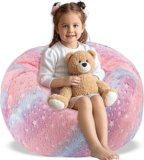 AmiCera Bean Bag Cover, Kids Bean Bag without Filling, Rainbow Beanbags for Children, Flannel Comfortable & Safe Kids Sofa, Stuffed Animal Storage Baby Chair Kids Bedroom Furniture, Pink ((No Filling)
