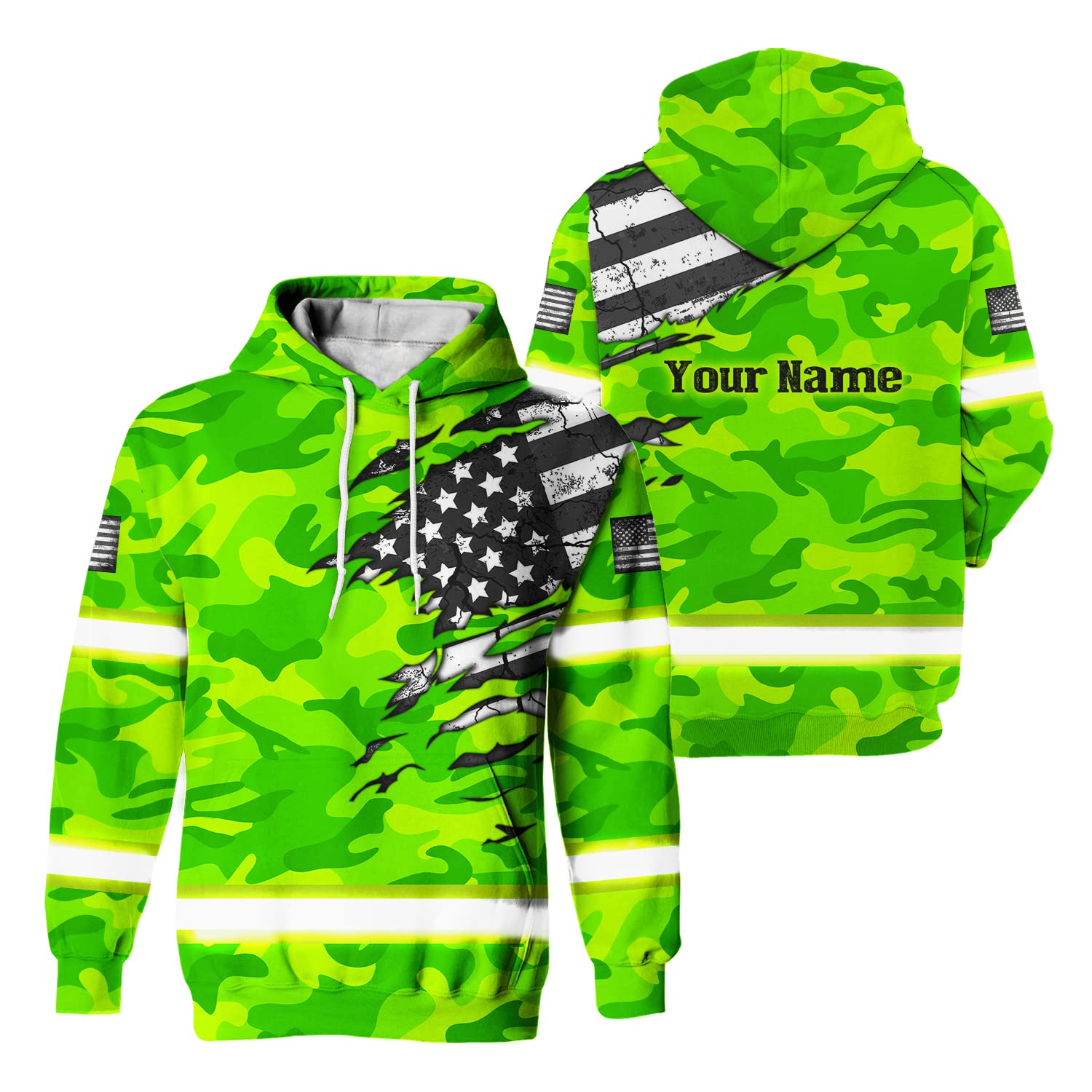 HiVis Custom Safety Hoodie Scratch Green Camo Neon with US Flag Customize Name High Visibility Hoodie for Men Reflective Hoodie Construction Workwear for Runners, Trucker, Operator, Patriotic-S-2XL
