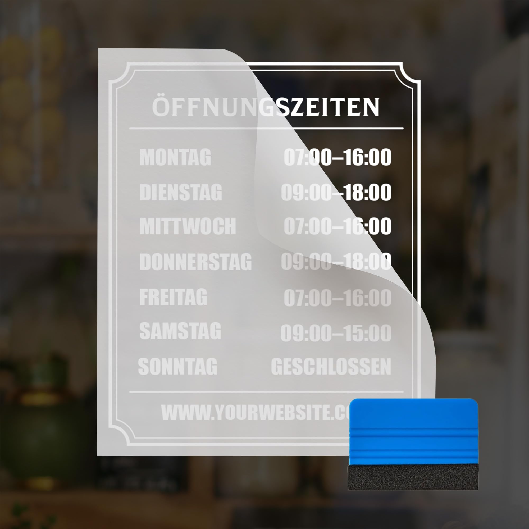 Öffnungszeiten Aufkleber Schaufenster mit Rahmen 23x30 cm – Wunschtext Fensterfolie Schaufensterbeschriftung – wetterfest weiß für Glastür Geschäft Laden – Made in Switzerland