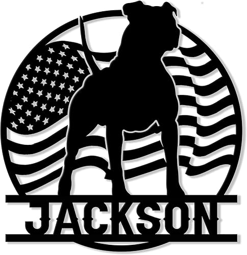 Letrero de metal personalizado con diseño de perro Pitbull, bandera de Estados Unidos, letrero colgante para porche al aire libre, nombre