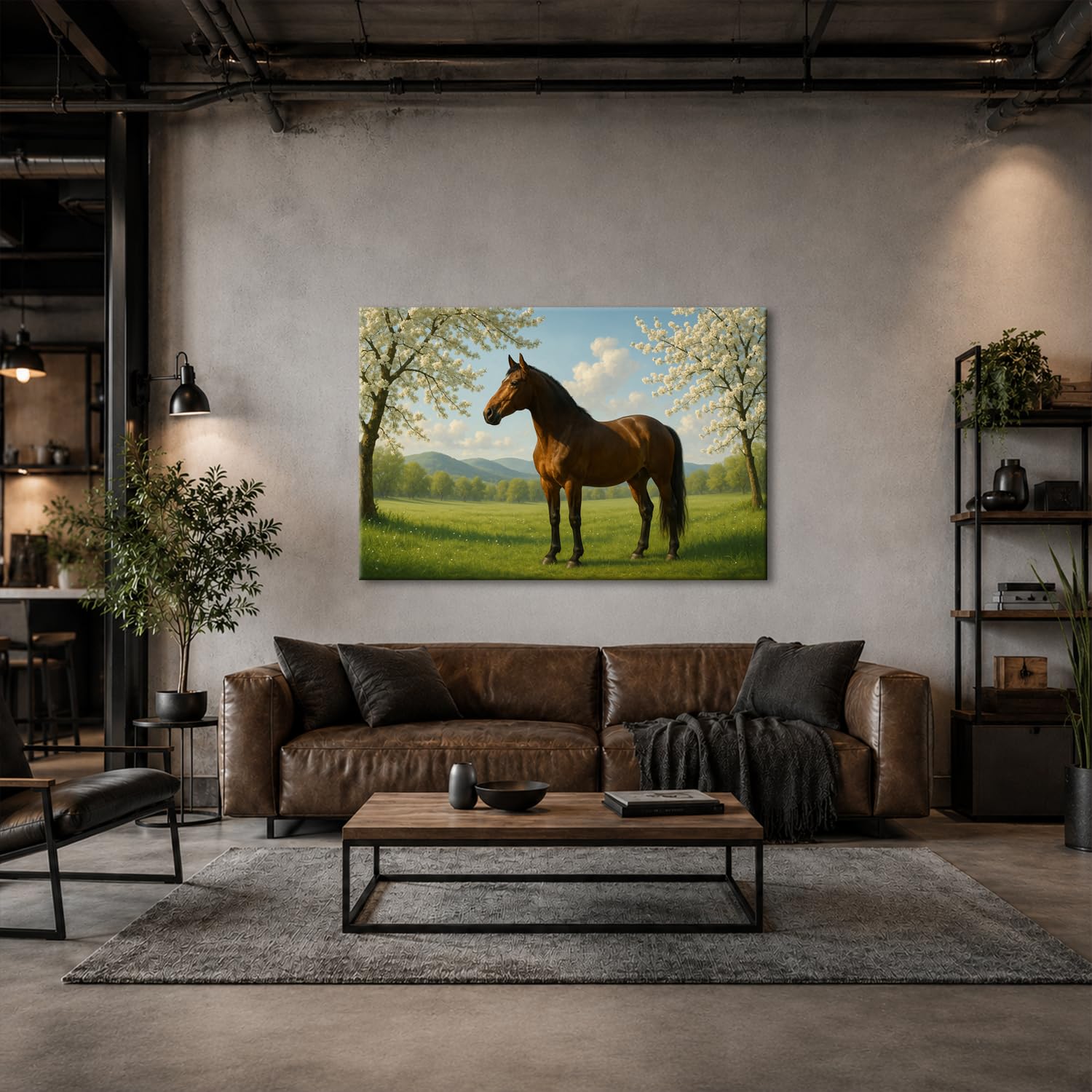 deyoli Obraz na płótnie brązowy koń stoi na wiosennej łące 60 x 40 cm kolorowy