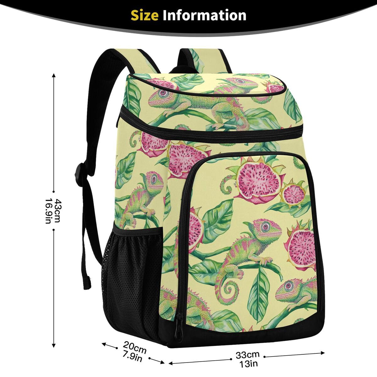 Chameleon Dragonfruits Cooler Backpack Leakproof Insulated Lunch Cooler Bag 30 Cans Camping Backpacks for Beach Road Trip Picnic