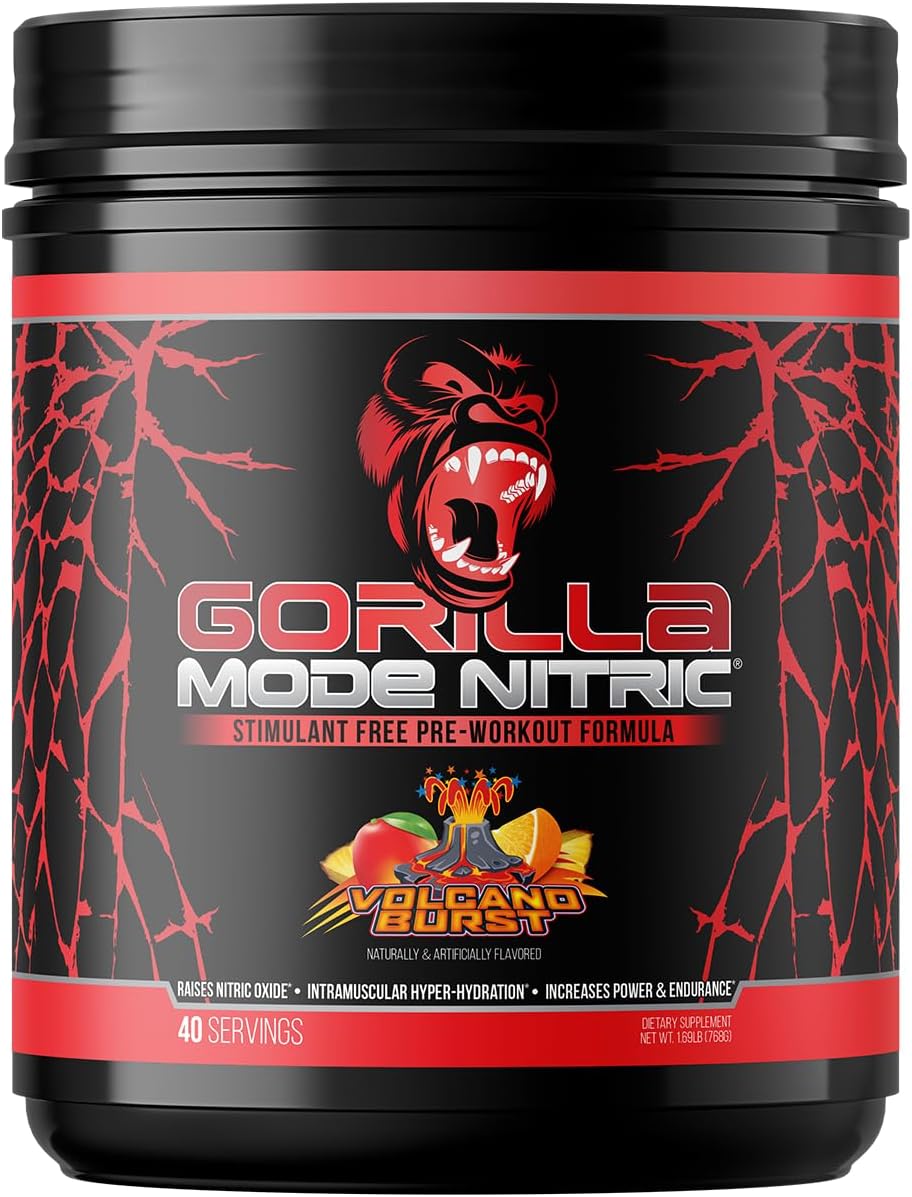Gorilla Mode Nitric Upgraded Stimulant Free Pre-Workout – Best Tasting and Most Effective Stimulant Free Pre-Workout/Massive Pumps · Vasodilation · Power / 804 Grams (Blue Raspberry)