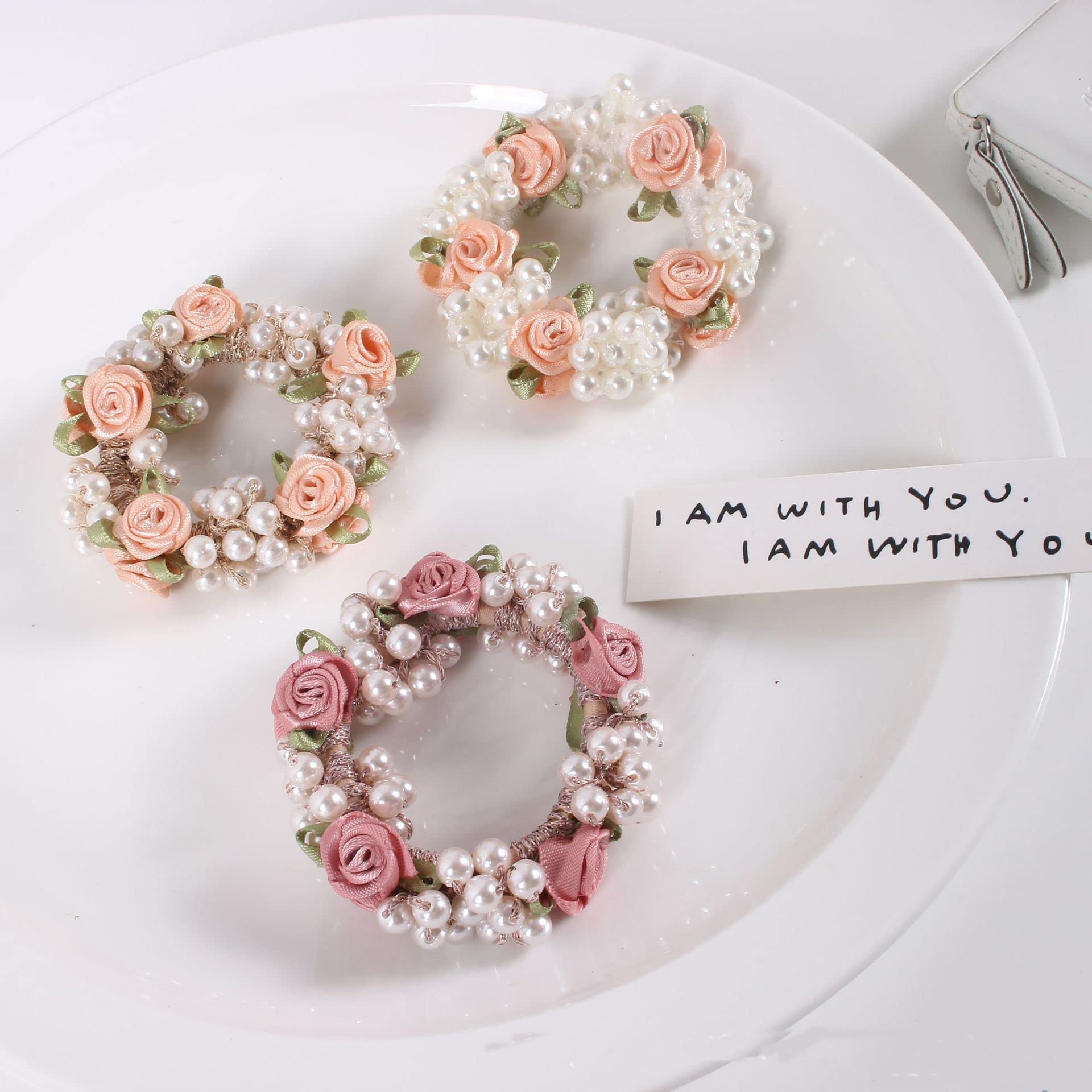 Pink Rhinestone Crystal Floral Ponytail Holder Elastic Hair Tie Women Amazon.com : 4 PCS HINZIC Pearl Crystal Hair Elastic Ties  main image 2