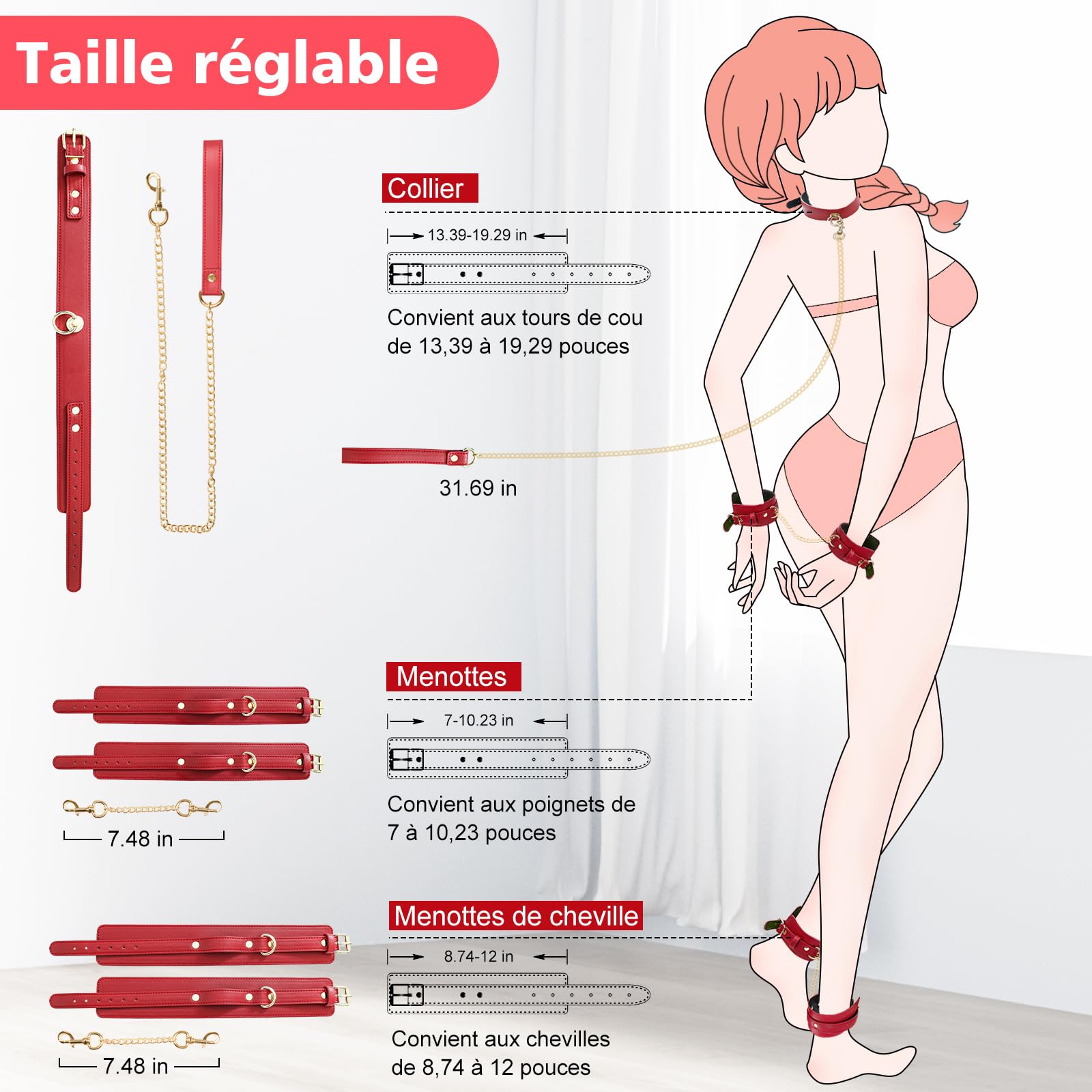 Sex Toýs Femme Couple BDSM Bondage pour Lit Menottes Poignet & Cheville Réglables en Cuir avec Collier et Laisse SM Kits,Menottes Sex Lit pour Jeux Sexuels Couple