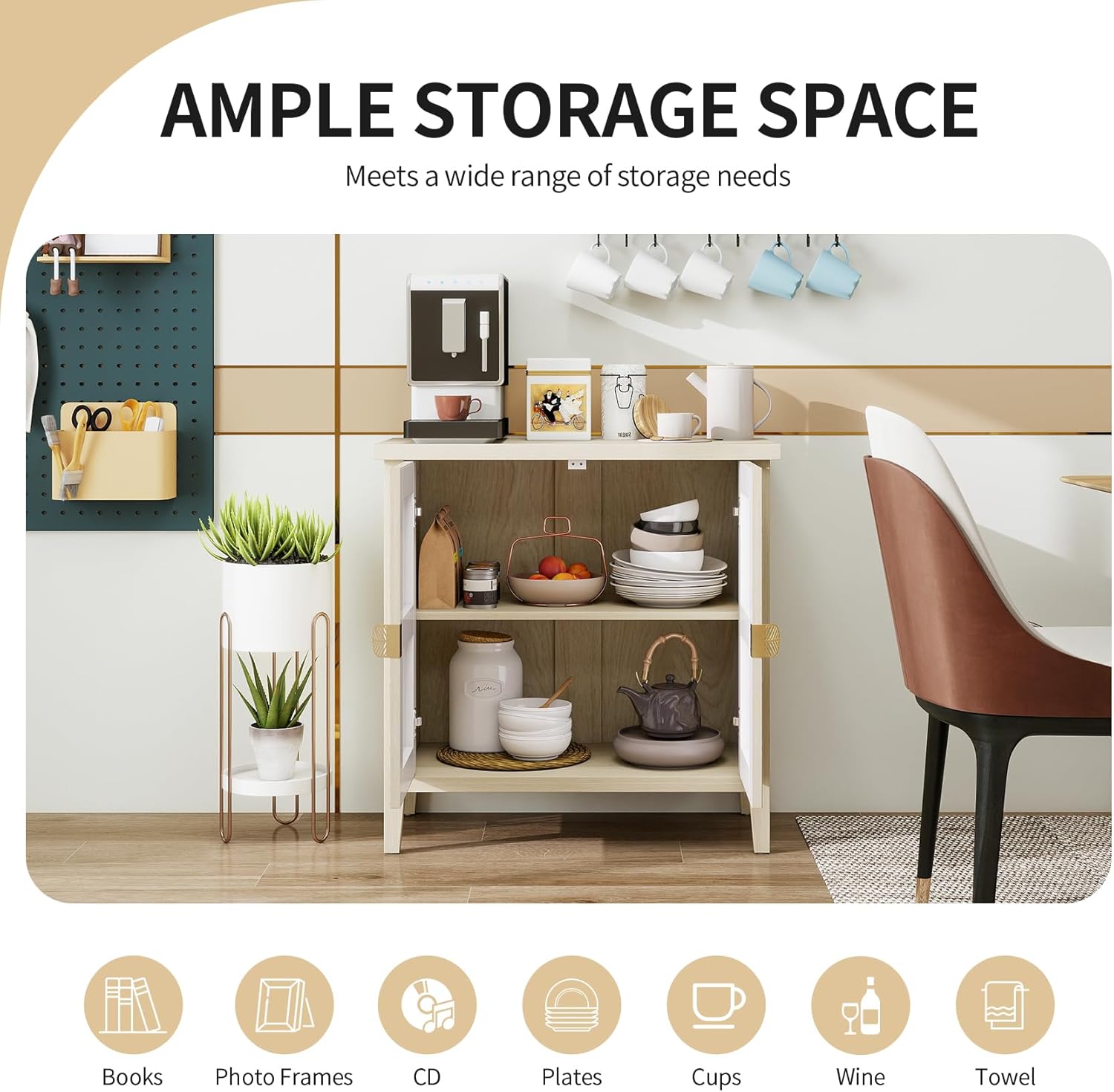 31.5" Boho Accent Storage Cabinet Set of 2 with 3D Carved Doors, Modern Sideboard Buffet with Adjustable Shelf, Wood Entryway Cupboard for Living Room, Kitchen, Natural