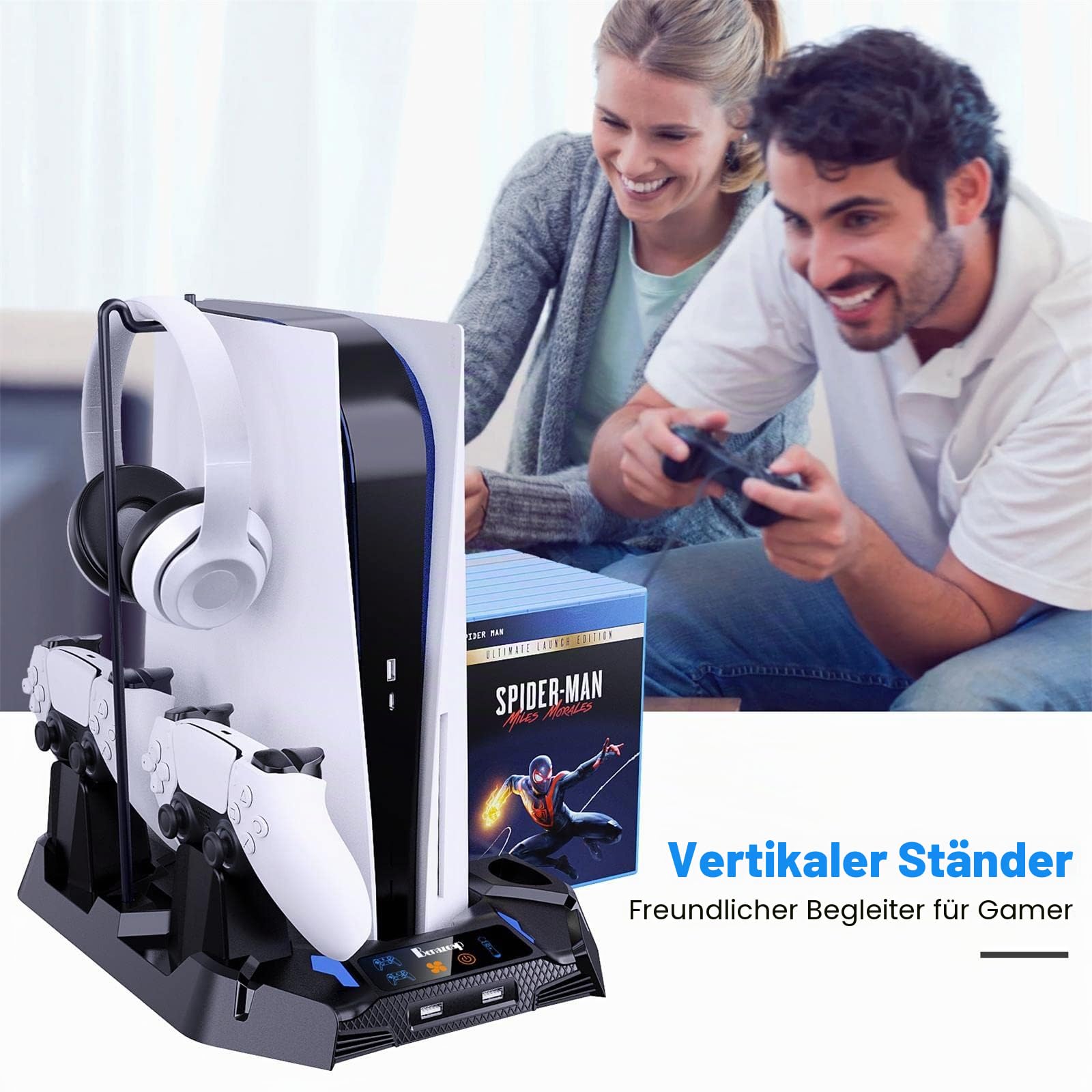 Benazcap PS5 Standfuß mit Lüfter, PS5 Zubehör für PlayStation 5 Konsole mit Dual Controller Ladestation, PS5 Ständer mit Headset Halterung und 8 Spiele Slots - Schwarz