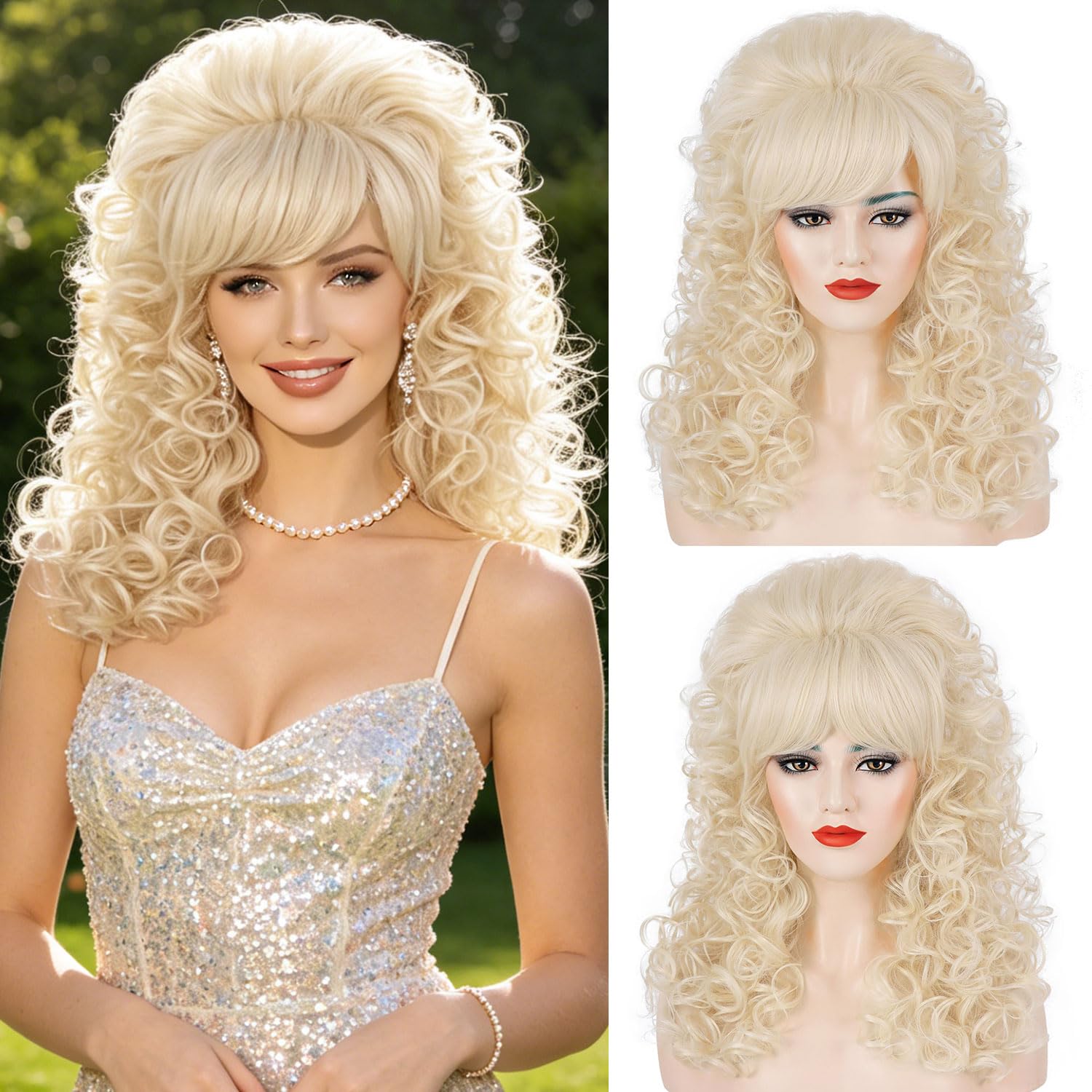 80s Blonde Long Curly Vintage Costume Wig with Bangs for Women Big Bouffant Beehive Synthetic Wigs Singer Cosplay 60s 70s Party Halloween Funny Wigs