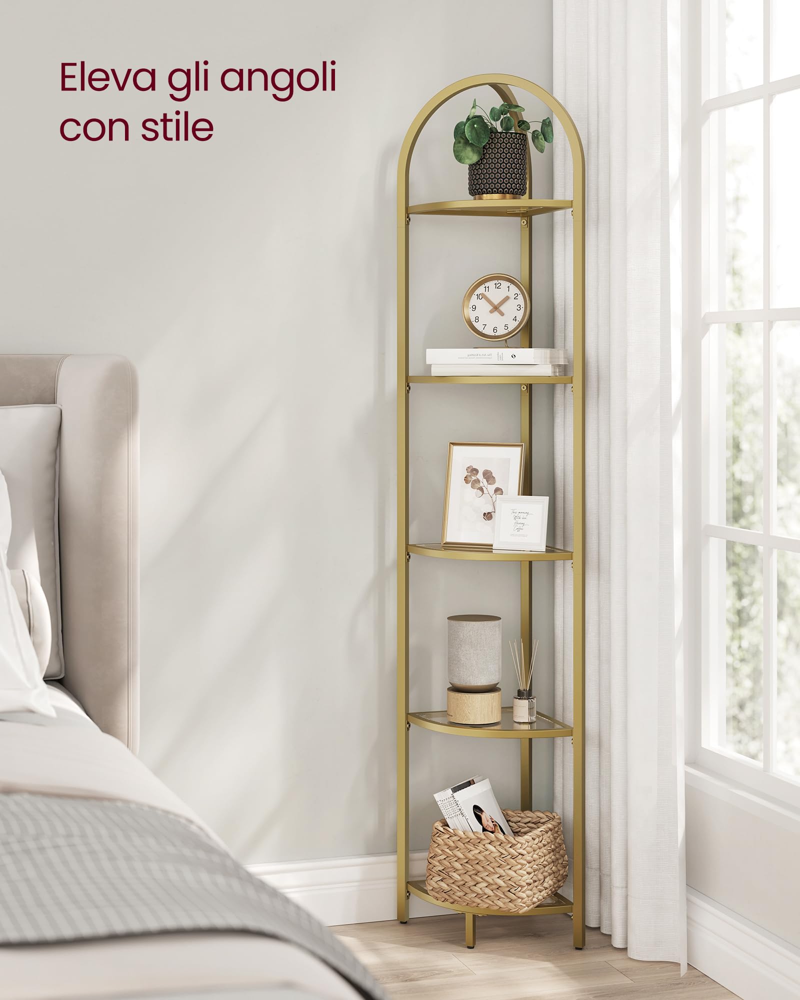 VASAGLE Libreria Angolare a 5 Livelli, Scaffale Porta Piante, Scaffale Dorato per Bagno, in Vetro Temperato, Struttura in Acciaio, Stile Moderno, per Soggiorno, Cucina, Oro Metallizzato LGT810A01