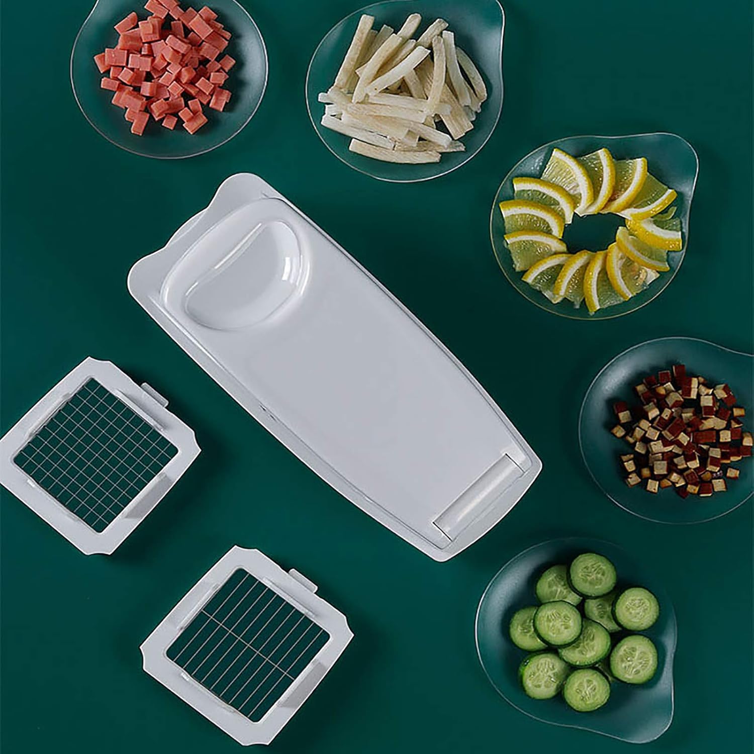 Vegetable Chopper Multifunction Onion Grinder Manual Salad Chopper with 2 Blades and Container Mandolin Slicer Cucumber Tomato Potato Cheese Food Prep Cutter White 25x13x9cm (10x5cm)
