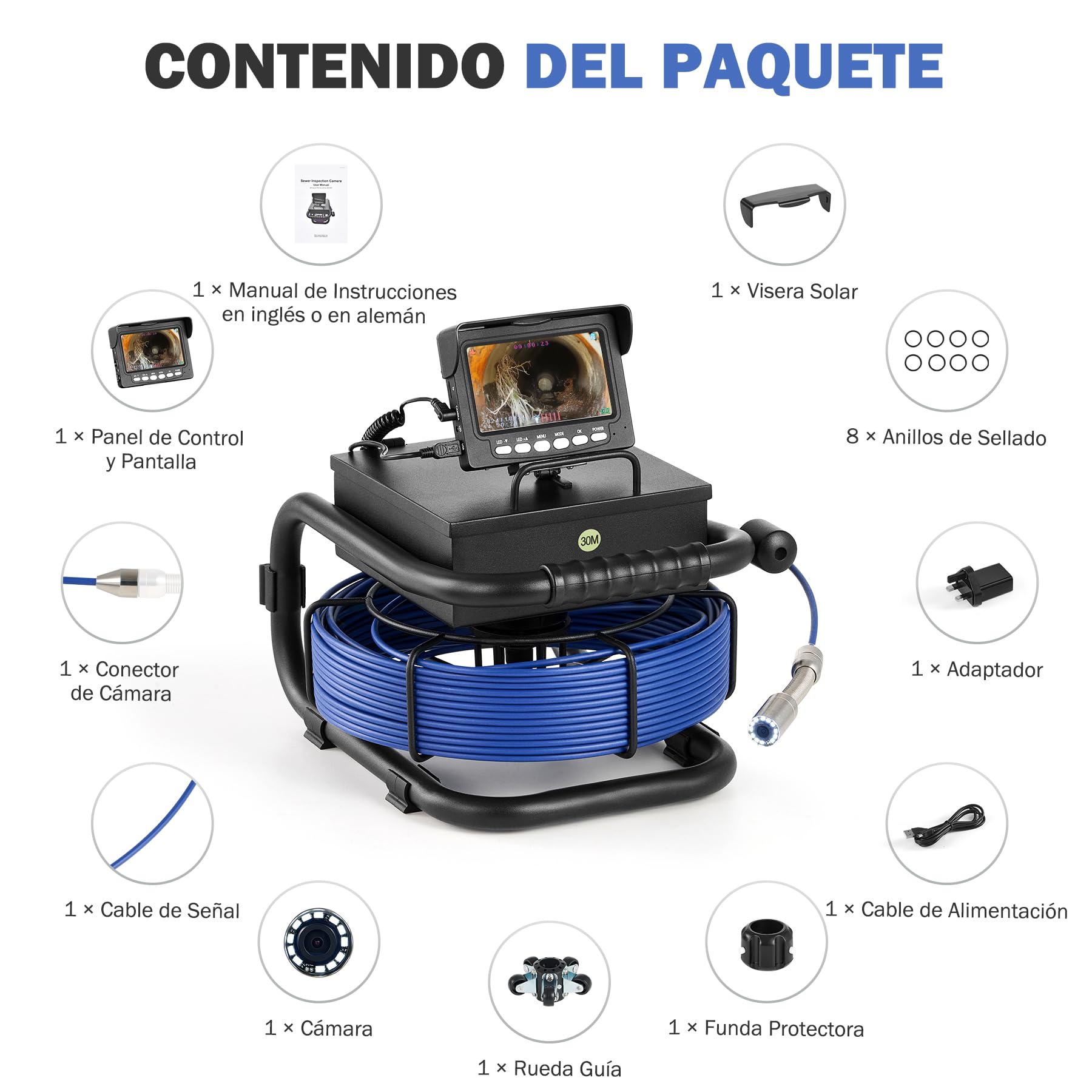 ZELCAN 4,3 Pulgadas Cámara de Alcantarillado, Cámara de Inspección de Alcantarillado con Cable de 30 m y Marcadores de Longitud, Cámara Impermeable para Tuberías