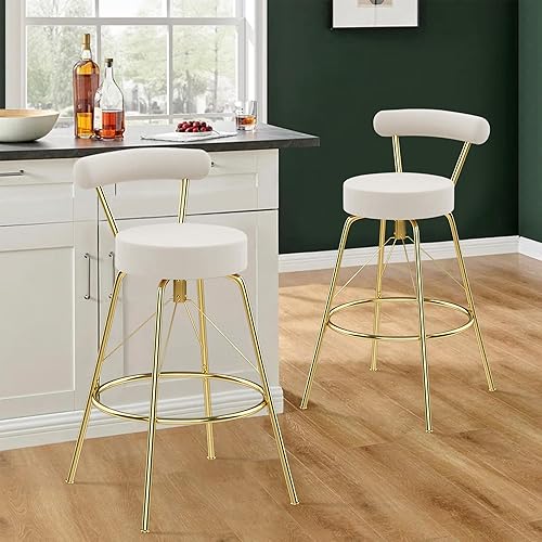 Miniatura 5 de Awonde Juego de 2 taburetes de bar giratorios dorados de terciopelo marfil, taburetes de bar de 30 pulgadas de altura para isla de cocina con patas