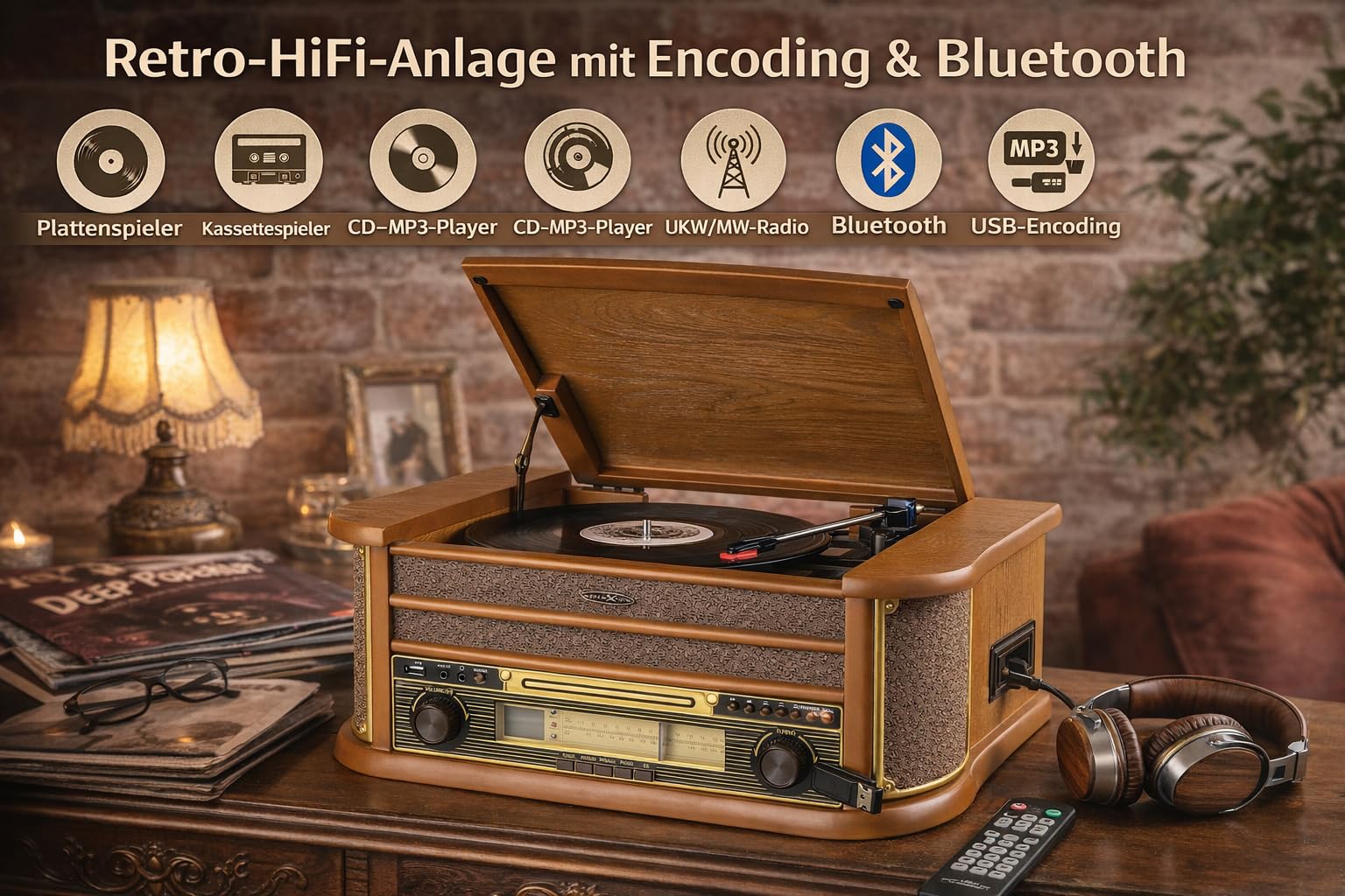 Reflexion HIF2002 Retro HiFi-Anlage mit Plattenspieler 33/45/78, Bluetooth 5.0 & USB-Encoding – CD/MP3-Player, Kassettendeck, UKW/MW-Radio, Echtholzgehäuse, Fernbedienung