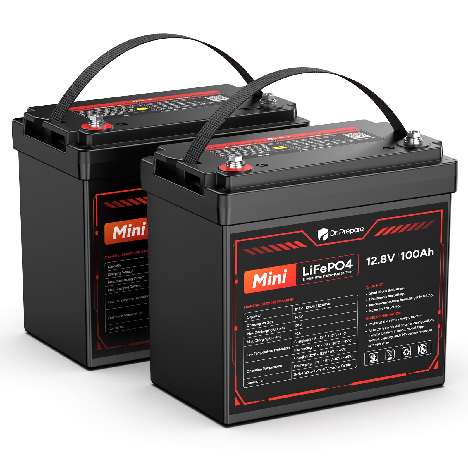 DR.PREPARE 2 Pack 12V 100Ah Group 24 LiFePO4 Battery with Low Temp Protection, MINI Size Lithium Iron Phosphate Deep Cycle Battery with Grade A+ Cells &amp; 100A BMS for Trolling Motor RV Solar Off-Grid