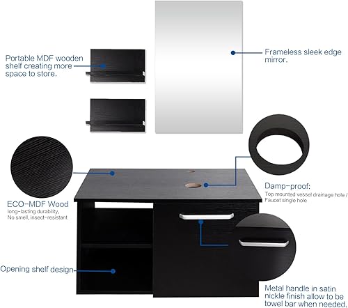 Miniatura 2 de Puluomis Tocador de baño, gabinete de madera de pared moderno de 28 pulgadas con espejo, accesorio de madera negra con encimera cuadrada negra de