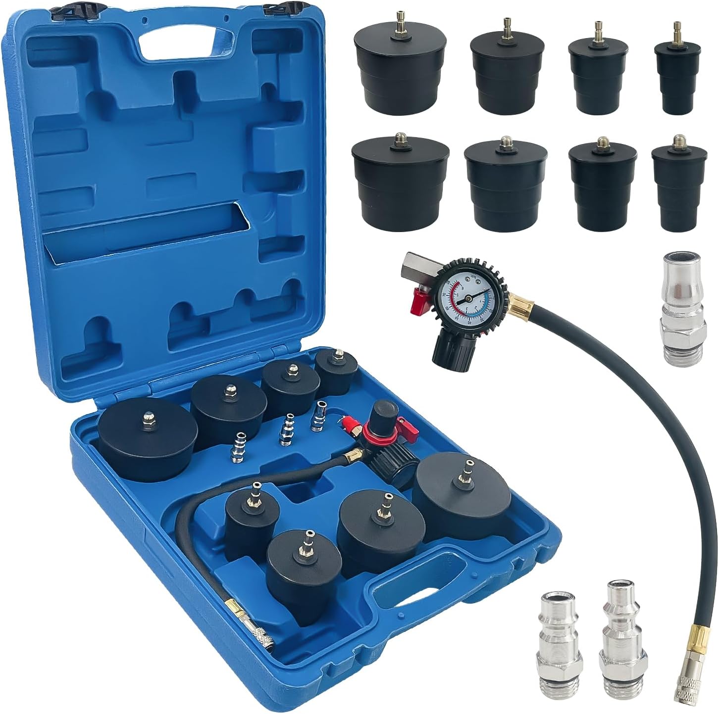 Turbo System Leakage Tester Set Turbocharger Air Pressure Leakage Tester Kit with 4 Pairs of Stepped Adapters 1-3/8" to 3-1/2" 35mm-90mm for Most Vehicles- 9PCS