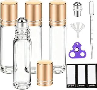 PrettyCare 4 Pack, 10 ml Essential Oil Roller Bottles with Stainless Steel Roller Ball - Refillable Leak-proof Empty Thick Clear Glass Roll on Bottles with Metal Caps for Travel, Perfume