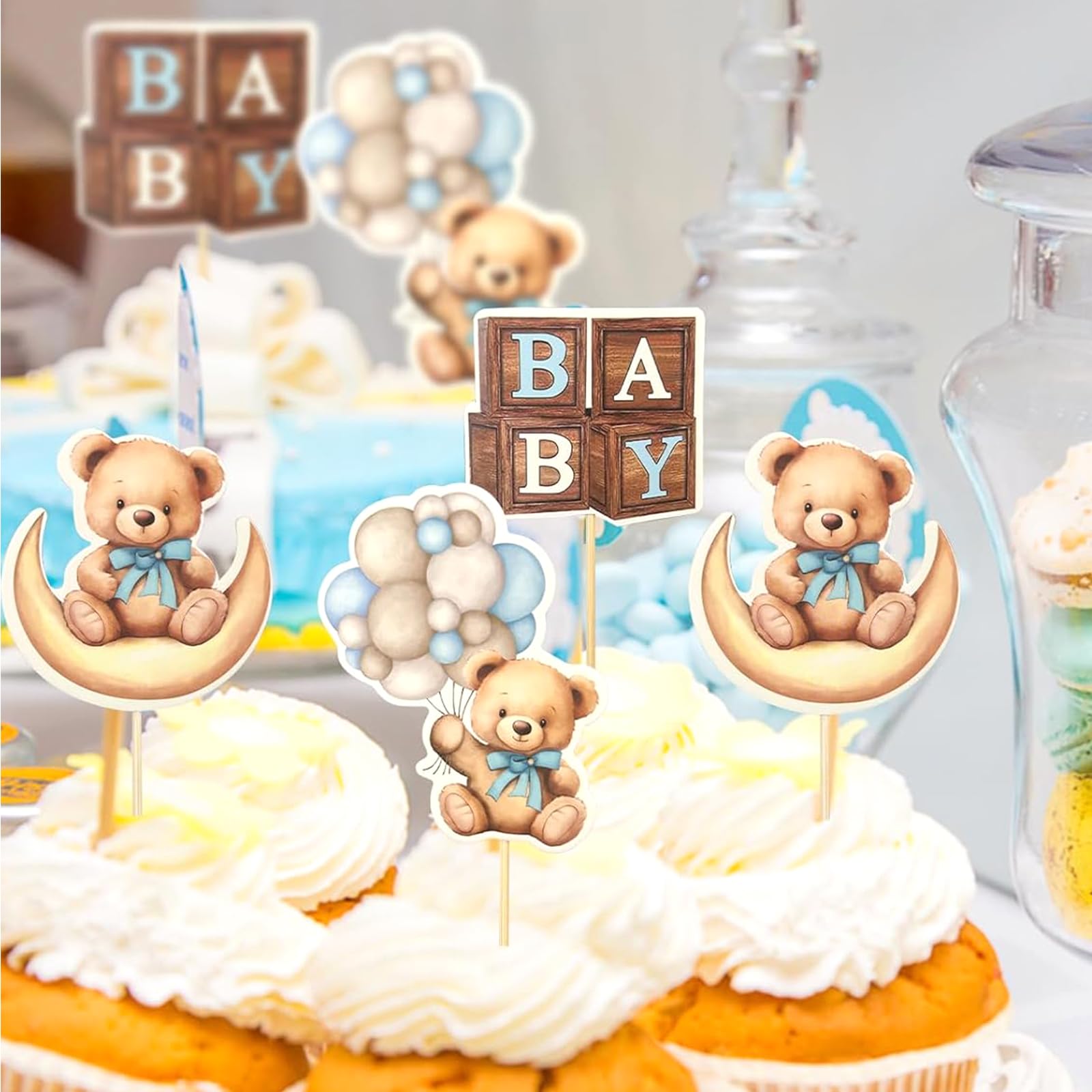 36 Stück Cupcake Topper Blau Bär – Tortendeko Teddybär Mit Luftballon, Mond & Herz Für Baby Shower, Gender Reveal, 1. Geburtstag & Taufe Junge