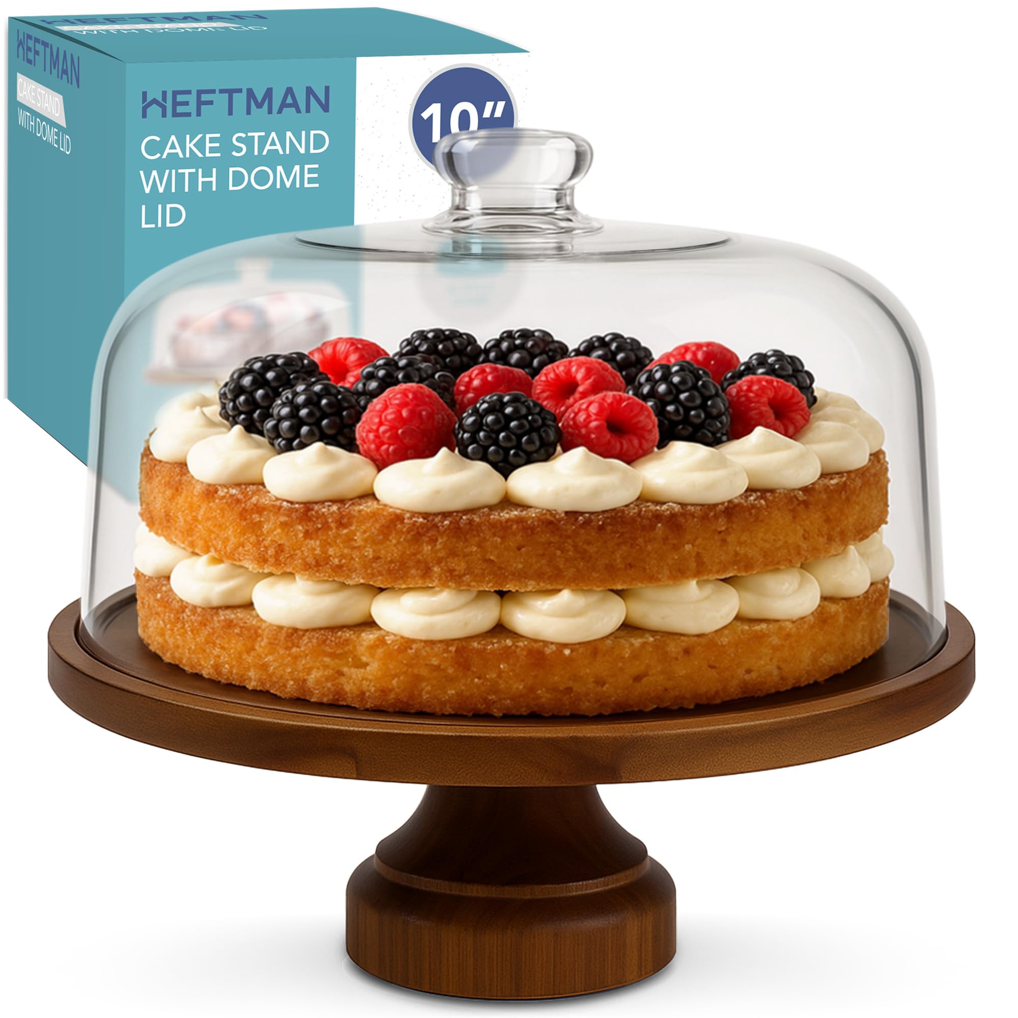 Heftman Brown 10" Cake Stand With Dome Lid - 2-In-1 Non-Slip Acacia Wood Cake Display Stand With Clear Acrylic Dome Cover For Cakes, Pastries, Cheese Boards - Ideal For Birthday, Wedding, Party, Café