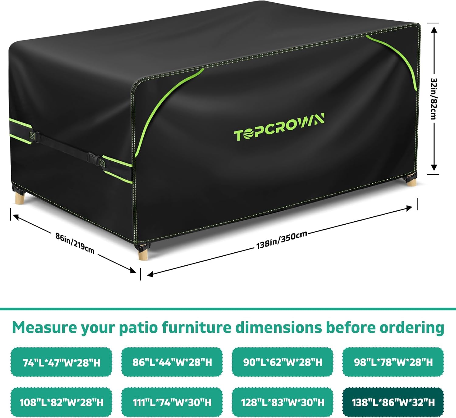Topcrown Patio Furniture Covers Rectangular, Waterproof Anti-UV Oxford Fabric with Double Airflow Vents for Outdoor Dining Table and Chairs (420D Black+Green, 138"L x 86"W x 32"H)