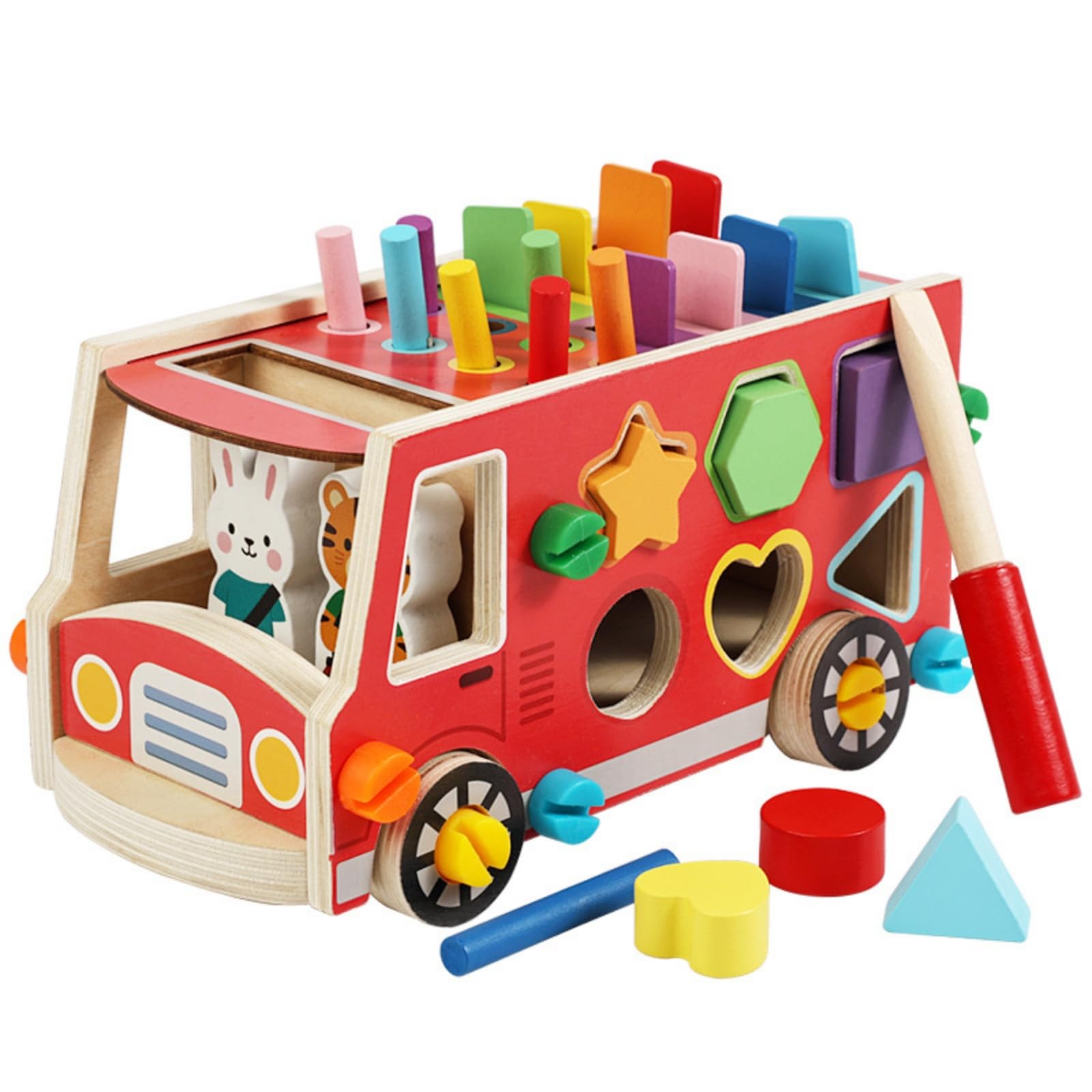 Baoblaze Juguete Educativo Infantil Bus de Madera Clasico Clasificador de Formas Bloques Geometricos Juego de Encastre Set Completo con Cuerpo de Bus y Piezas