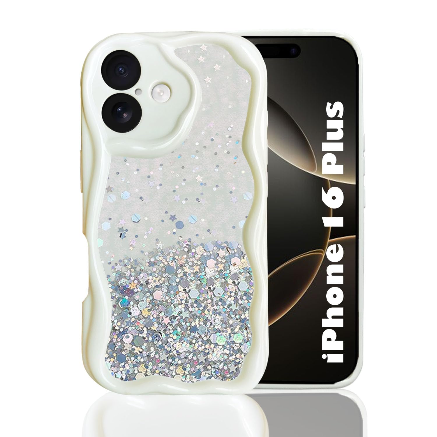 KC Back Cover for Apple iPhone 16 Plus - Dry Fixed Non Moving Glitter Curly Wave Shape Shockproof Bumper Soft Silicone Case with Camera Protection (White) (B0DHQNVPDL) Amazon Price History, Amazon Price Tracker
