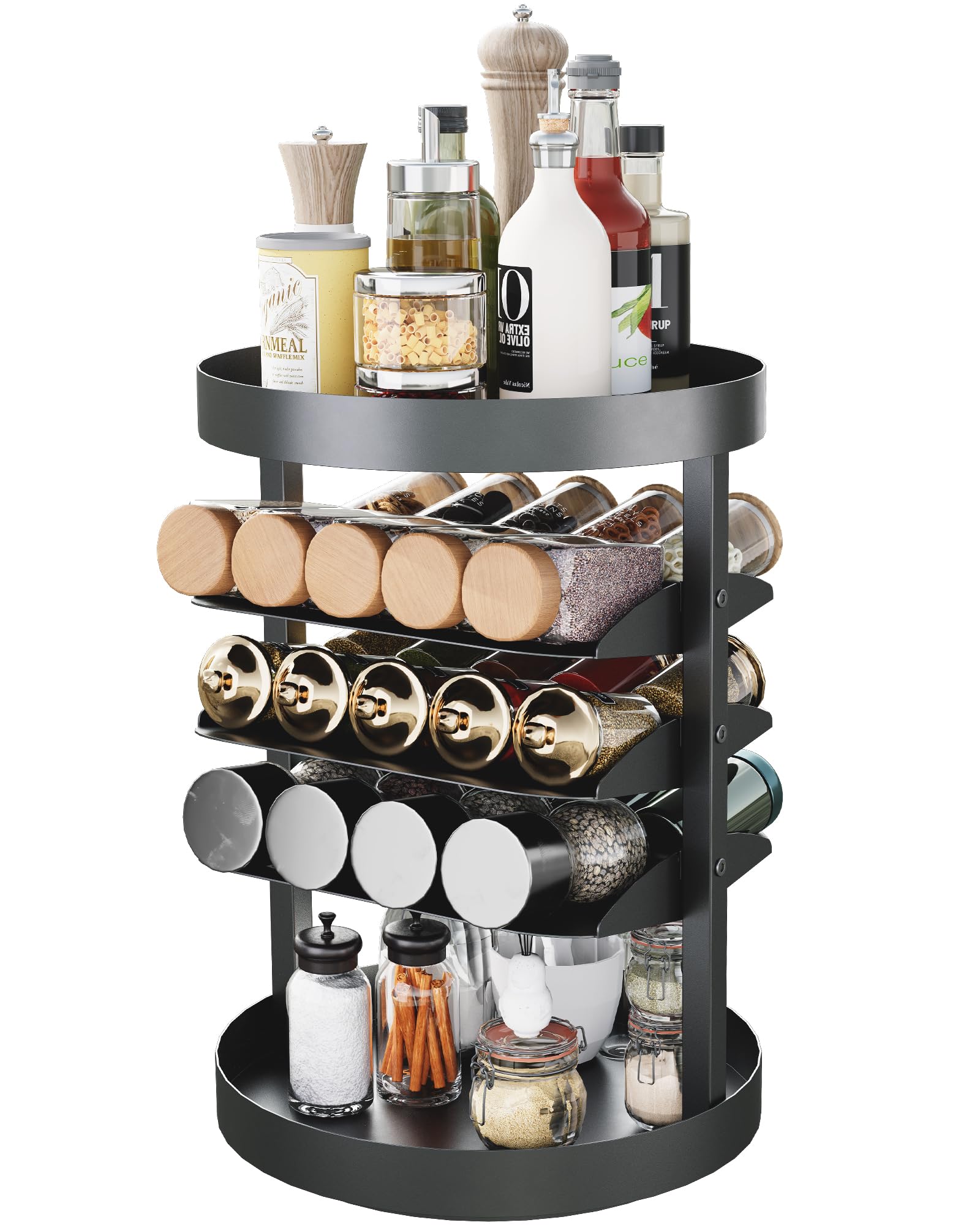 OROPY 10.2" Lazy Susan Spice Organizer with Soundproof Foam, 360° Turnable Tiered Seasoning Rack for Countertop & Cabinet, Black