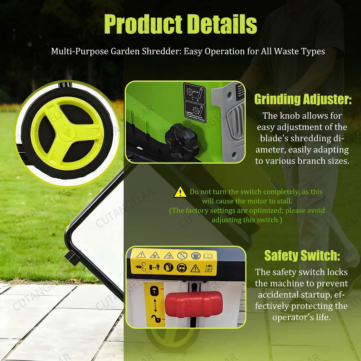 Broyeur Jardin Déchiqueteur, Déchiqueteur Électrique 2800W Avec Largeur Coupe 45mm, Bac Détachable 60L, Lames Acier Réversibles Et Arrêt Automatique, Pour Débris Jardin Robustes.