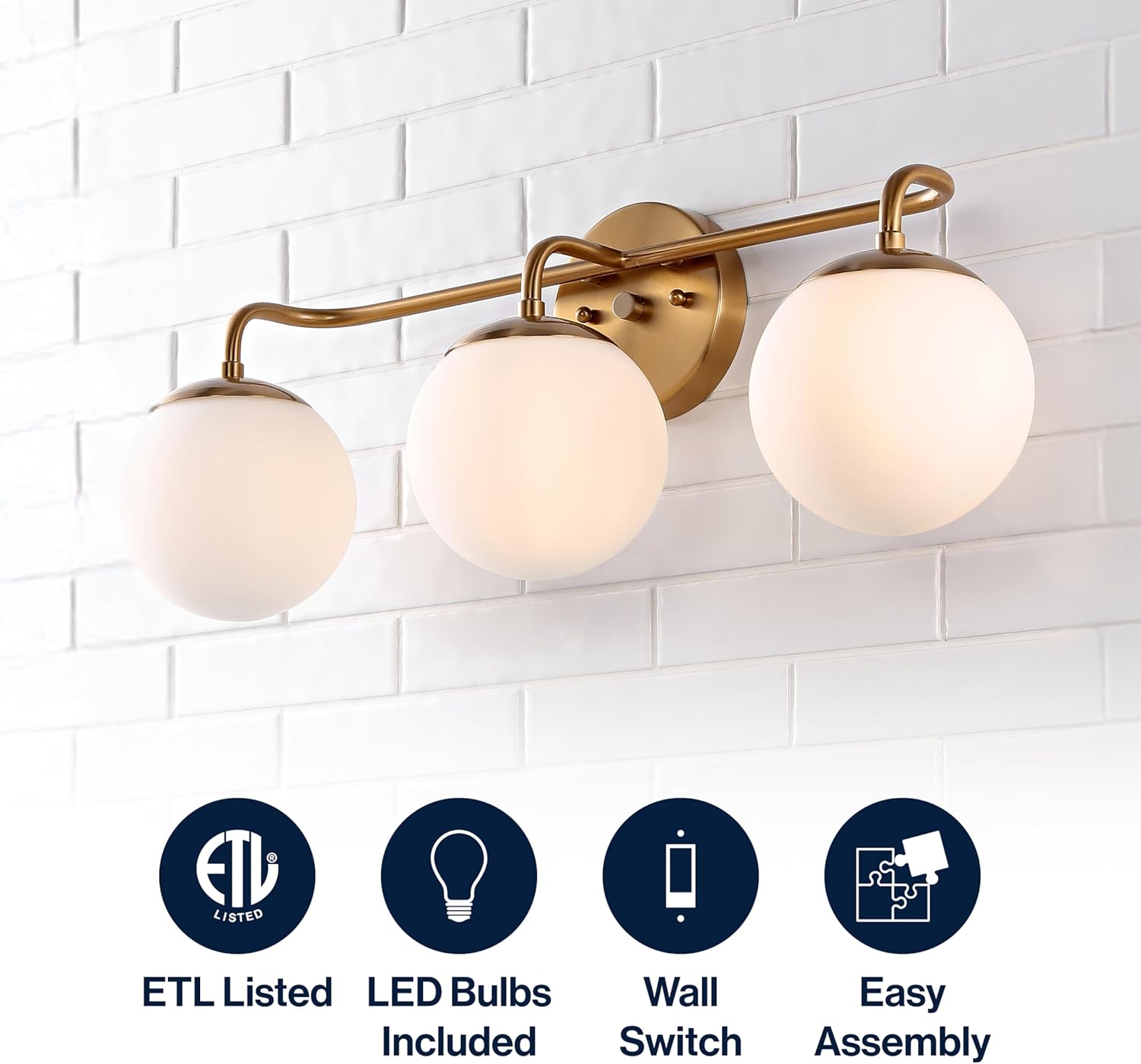 JONATHAN Y 25" Brass Gold Modern Globe Wall Sconce Vanity Light for Bathroom, White Frosted Glass Shade, Midcentury Parisian Bistro Wall Lamp, LED Bulb Included (JYL3536A)