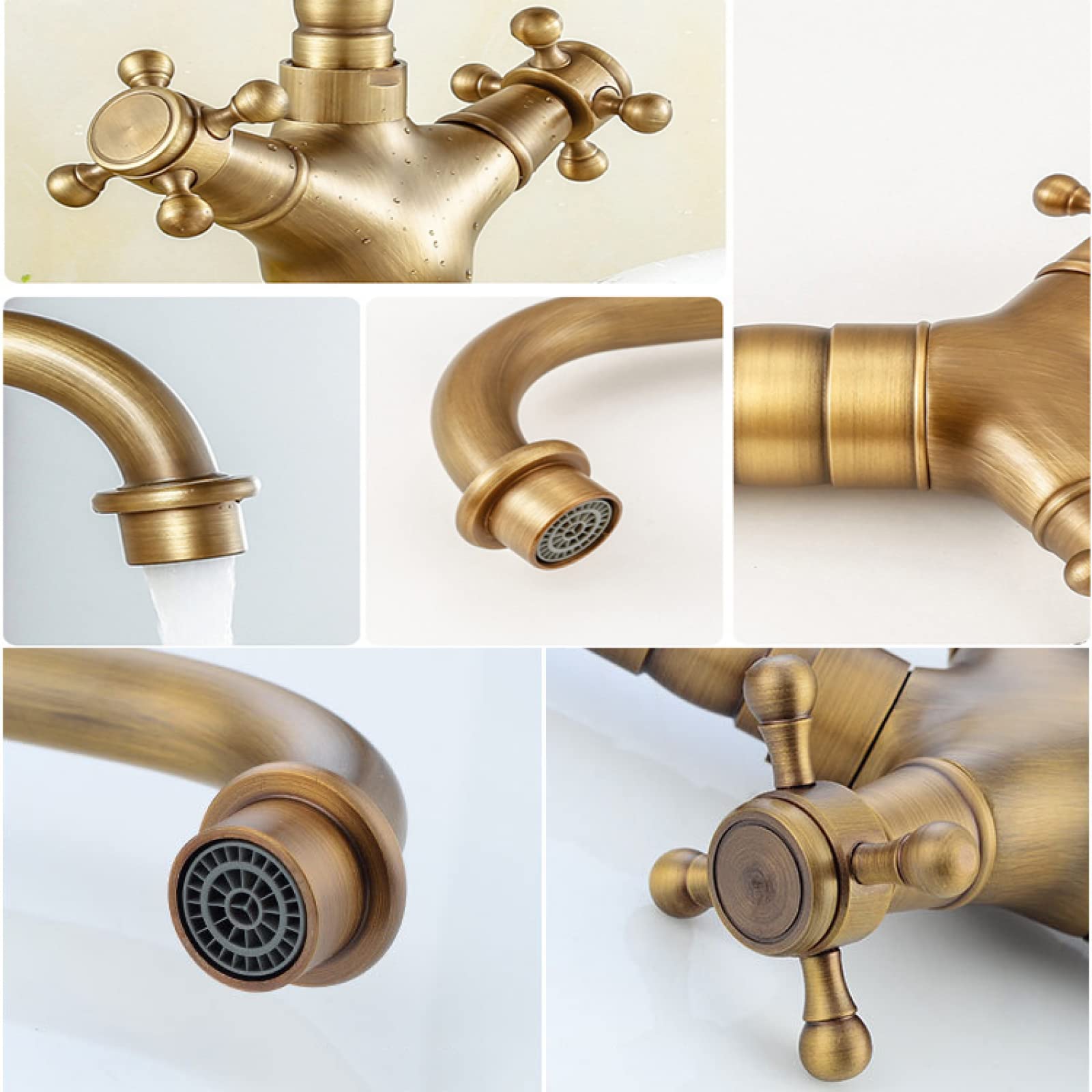 Rubinetto da Bagno Vintage Antico, Rubinetto per lavabo con beccuccio Girevole a 360 Gradi, Miscelatore Acqua Calda e Fredda, Rubinetto per lavabo con Maniglia a Croce, Ottone, Oro