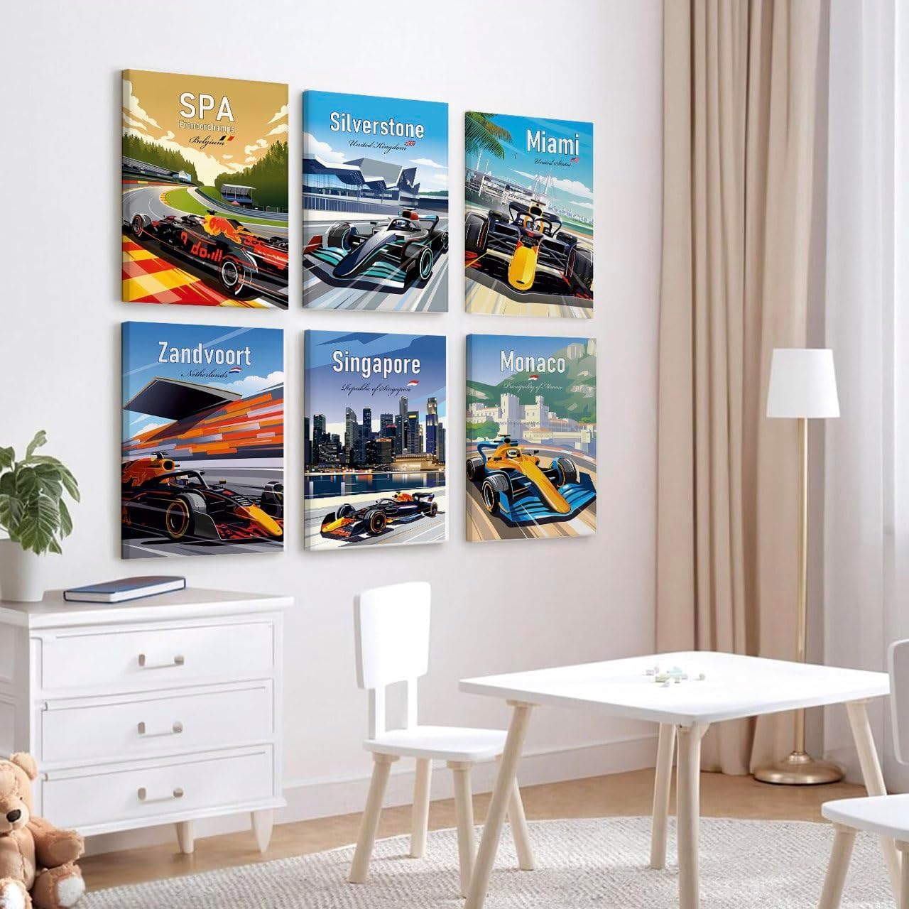 6pcs Super Car Wall Art Prints,Racing Car Posters for Boys Bedroom,Vintage Race Car Artwork Pictures,Modern Sports Car Formula Grand Prix Silverstone Race Car Posters for Men Bedroom Decor Boys Room Decor,Home Office Decor,8"x10"inches,Framed