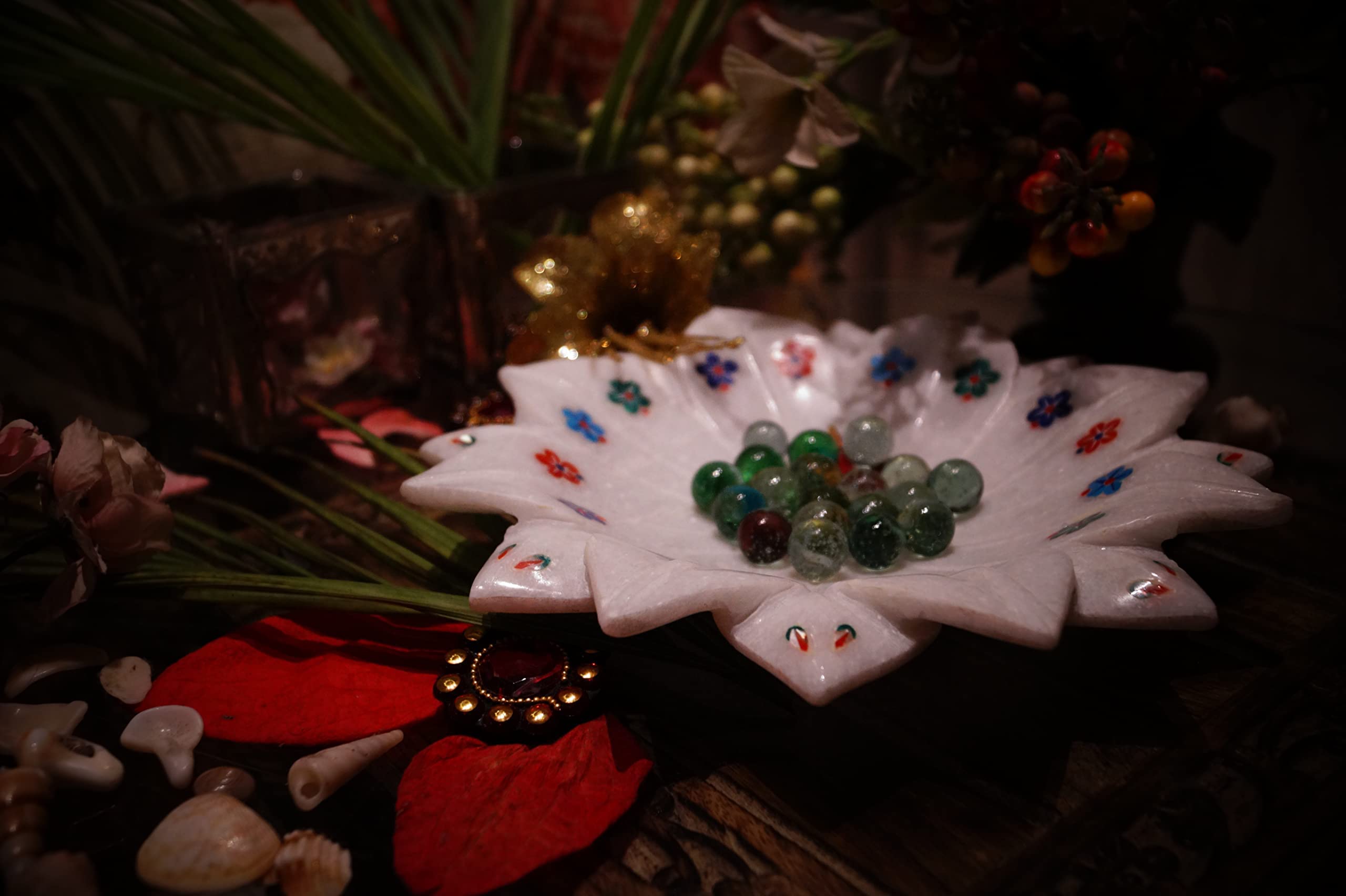 FEDEFEDE Natural Stone Decorative Keepsake Royal Designer Flower Shaped Food Serving Tray with Multicolor Flowers Perfect for Home Decor