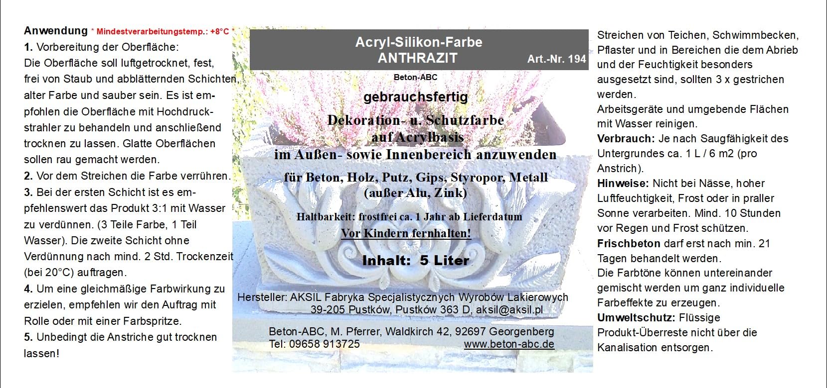 Anthrazit - Beton Farbe - Acryl Silikon 5 Liter für innen und außen