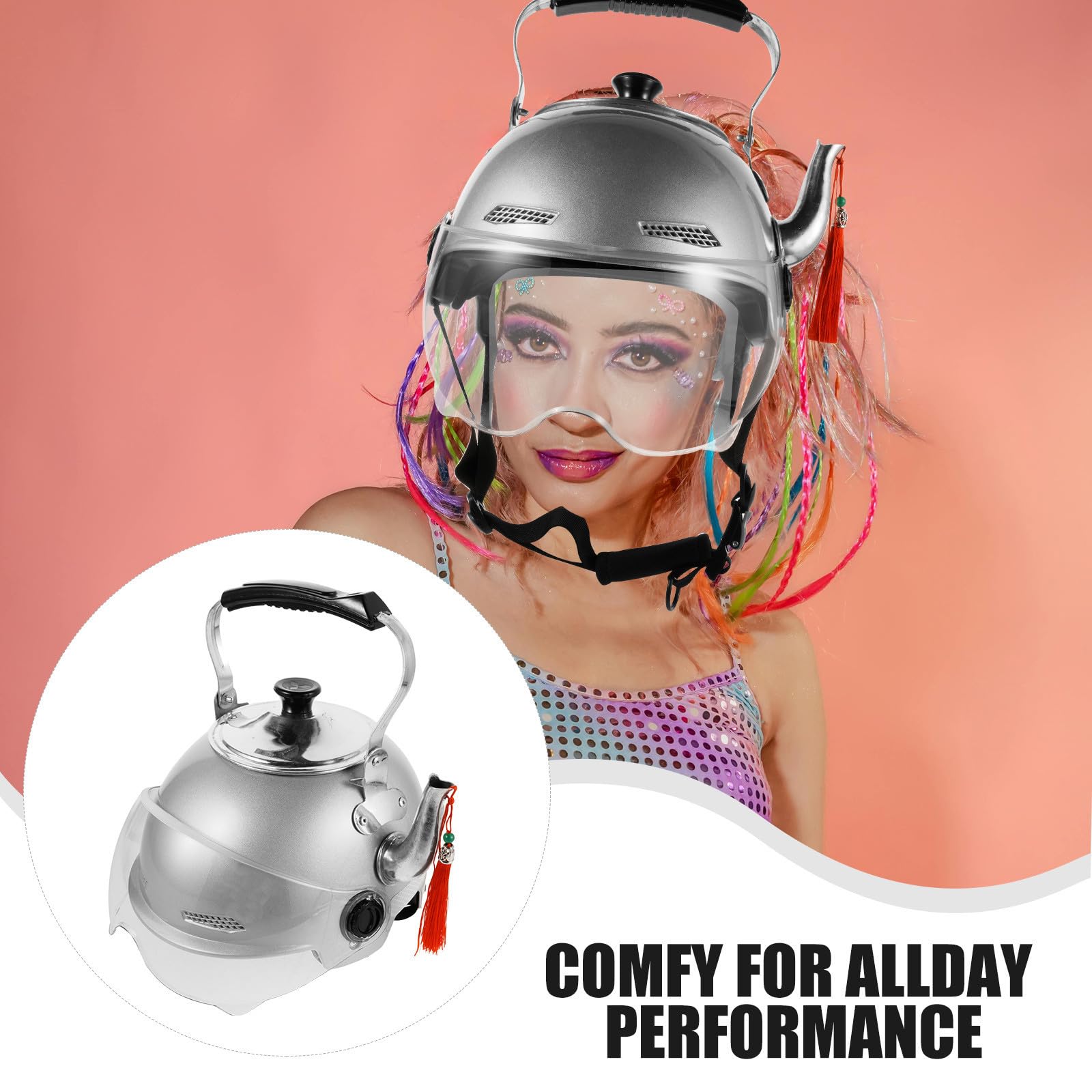 GALPADA Sombrero Divertido Forma de Tetera para Adultos, Casco Creativo de Abs y Acero Inoxidable, Accesorio Fotográfico para Creadores de Contenido y Festivales de Música