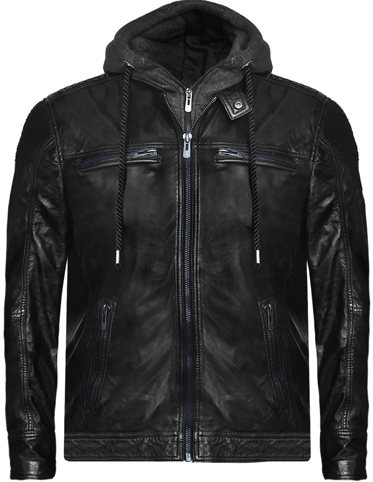 Herren Lederjacke Felix Bikerjacke Echtleder Jacke Vintage aus feinstem Lammnappa Leder mit Abnehmbarer Kapzue-Hoodie