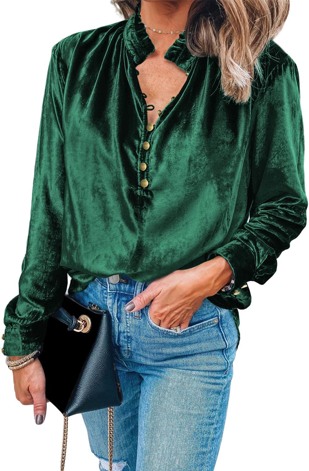 Melliflo Women's Frilled Neck Buttoned Front Velvet Top Casual V Neck Solid Long Sleeve Blouse Tops - Image 3