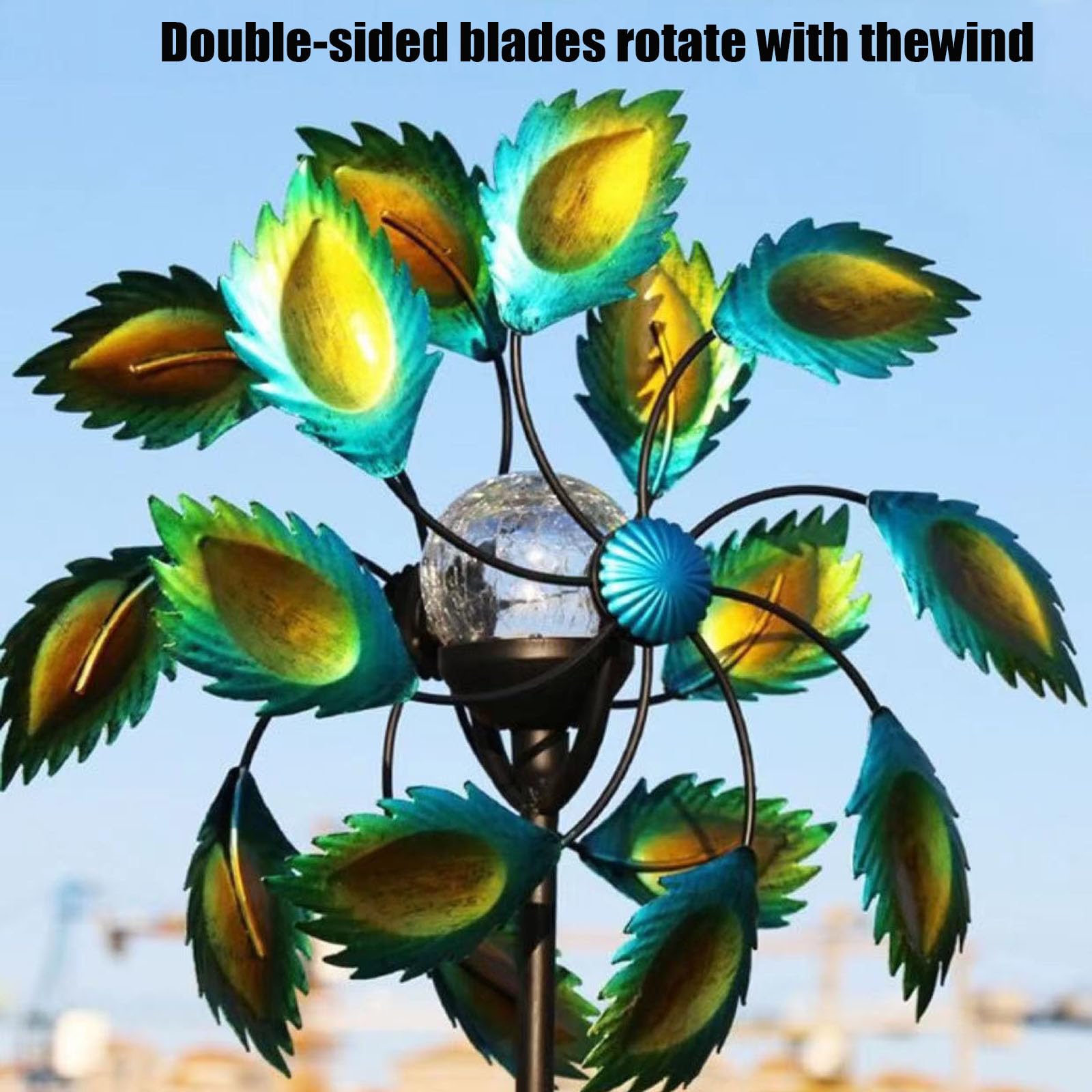 Decoroca Girandola A Vento In Metallo Per Giardino – 127 Cm, Rame, Doppio Rotore 360°, Decorazione Cinetica Da Esterno Con Fiori Blu - 3