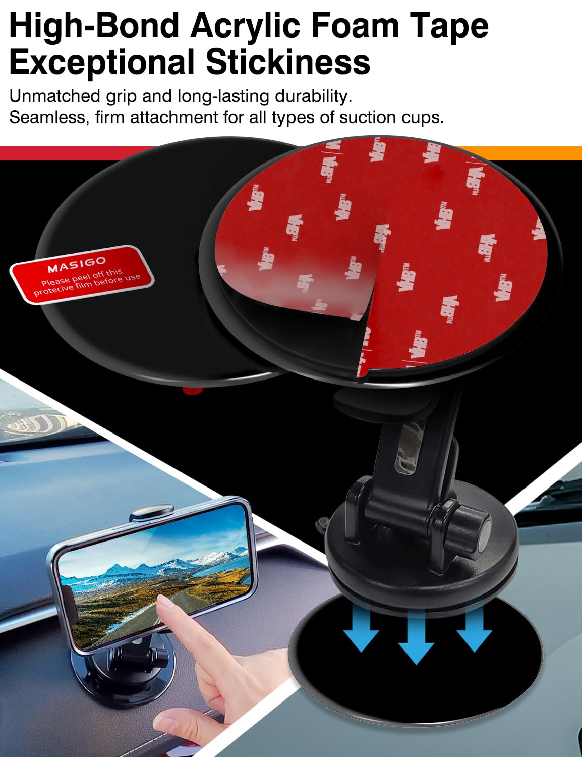 3M VHB Selbstklebende Armaturenbrett Montagescheiben-Set für Saugnapf Autohalterungen – 95 mm Breite, inklusive 2 Scheiben + 2 Ersatz-Klebepads