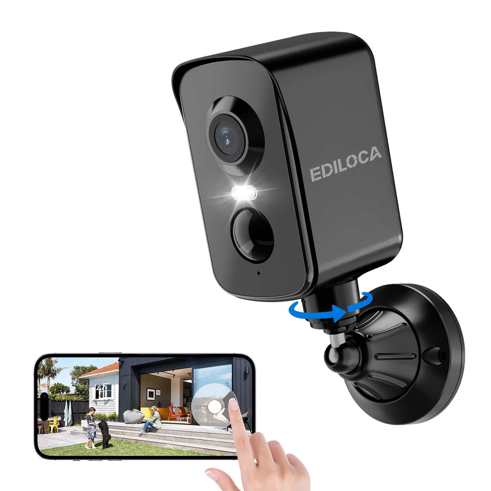 Ediloca Camara Vigilancia WiFi Exterior, Cámara de Vigilancia 2K 3MP con Rotación Horizontal de 300°, Batería Recargable, Detección Humana PIR, Visión Nocturna en Color, Audio Bidireccional, Sirena