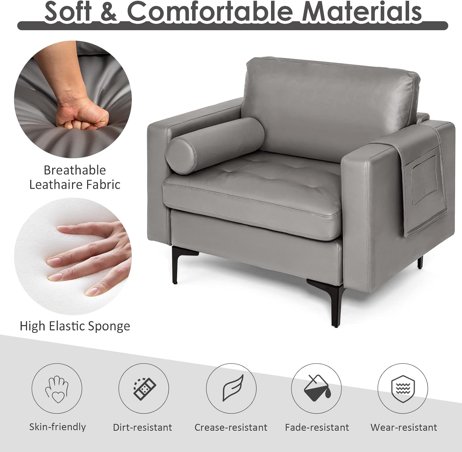 Giantex Single Sofa, Accent Chair, Armchair w/Comfy Cushion Bolster, Armrest Magazine Caddy Pockets, Living Room Upholstered Leisure Chair for Bedroom Reception Room Dark Grey