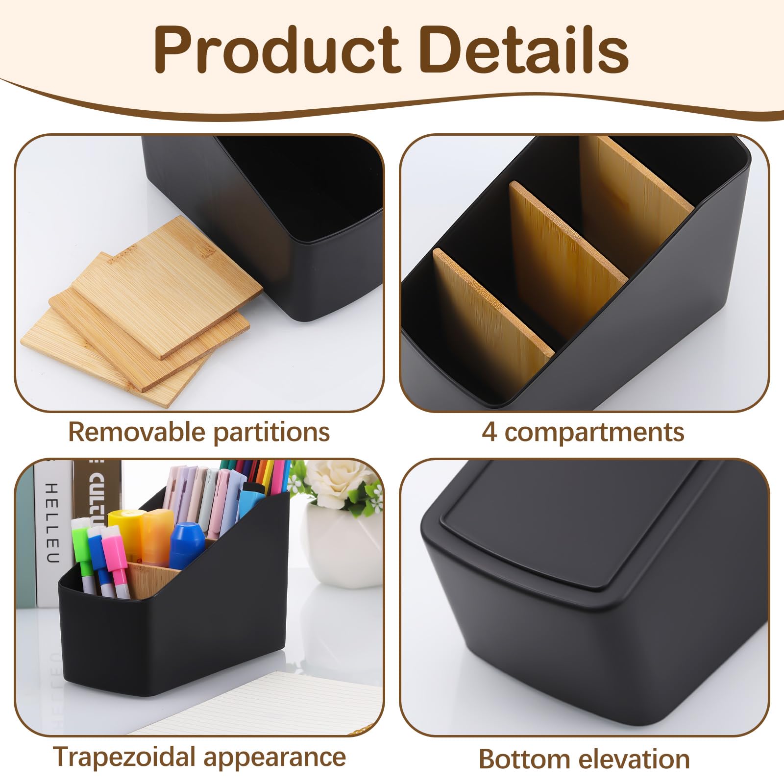 Zocipro Small Desk Organizer, 4 Grid Wooden Pen Holder Desktop Storage Remote Control Holder - Image 4
