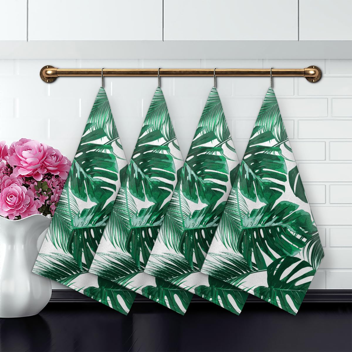 Set 4 Strofinacci Da Cucina Aloha Con Stampa Tropicale - 45,7x71,1 Cm, Panni In Poliestere Assorbenti E Riutilizzabili, Con Anello