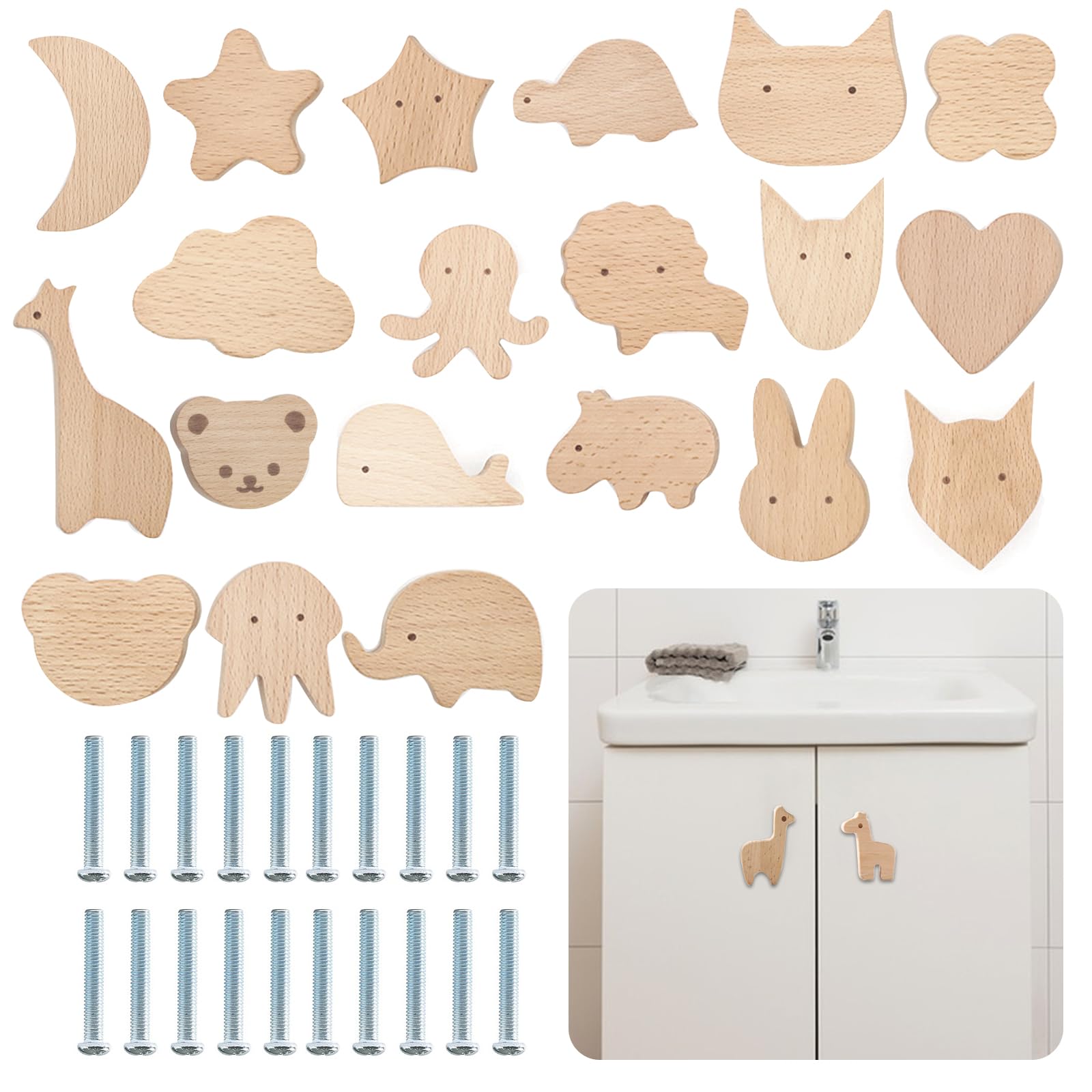 Perillas decorativas de madera con diseño de animales, pomos decorativos de madera para cajón, con tornillos M4 x 30 mm para armarios, cajones y muebles (20 unidades)