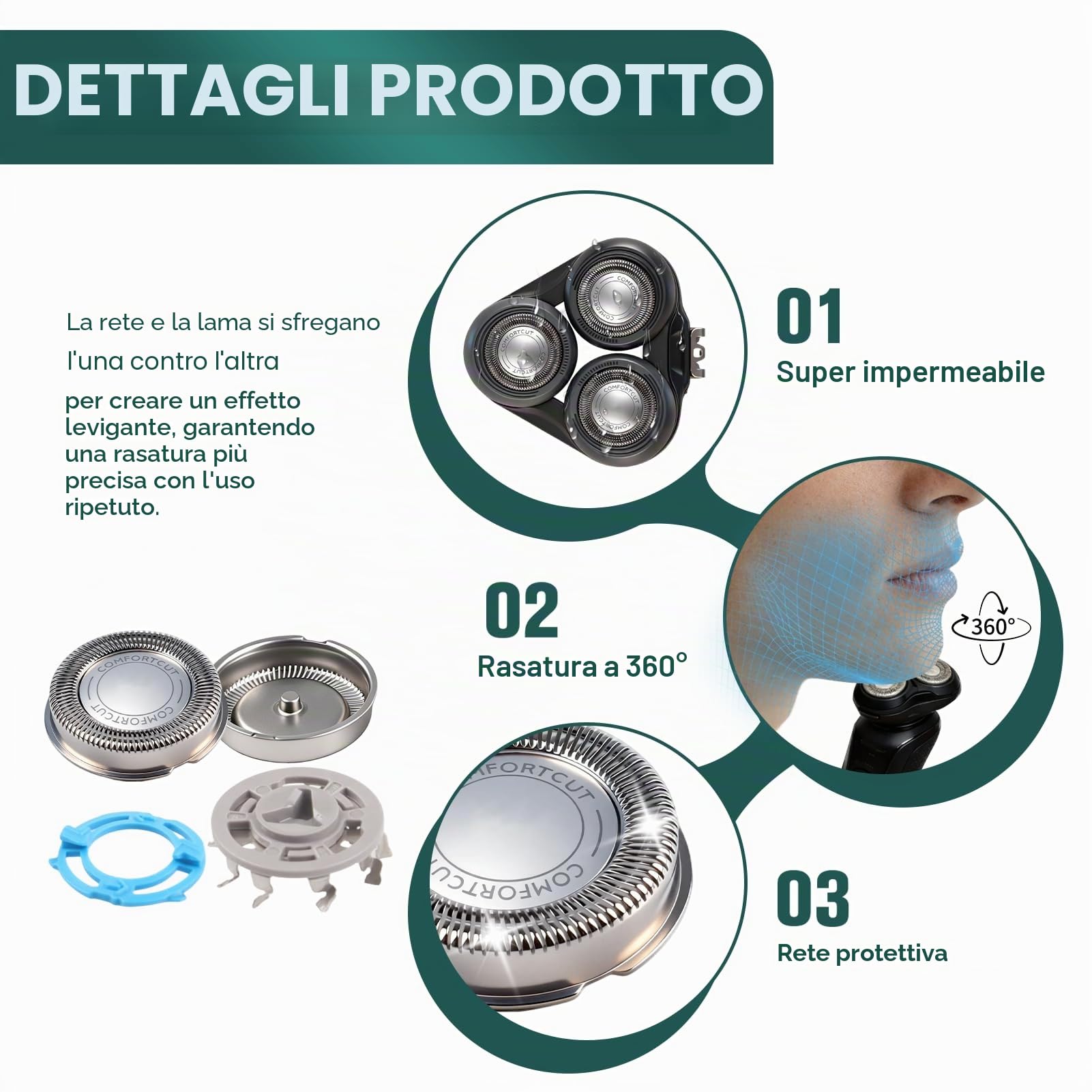 Testine di ricambio SH50/52 per rasoio compatibile con Philips Serie 5000, ricambio di lame lavabili per S5000, compatibile con modelli rotondi, rasatura morbida e precisa, esclude la custodia P