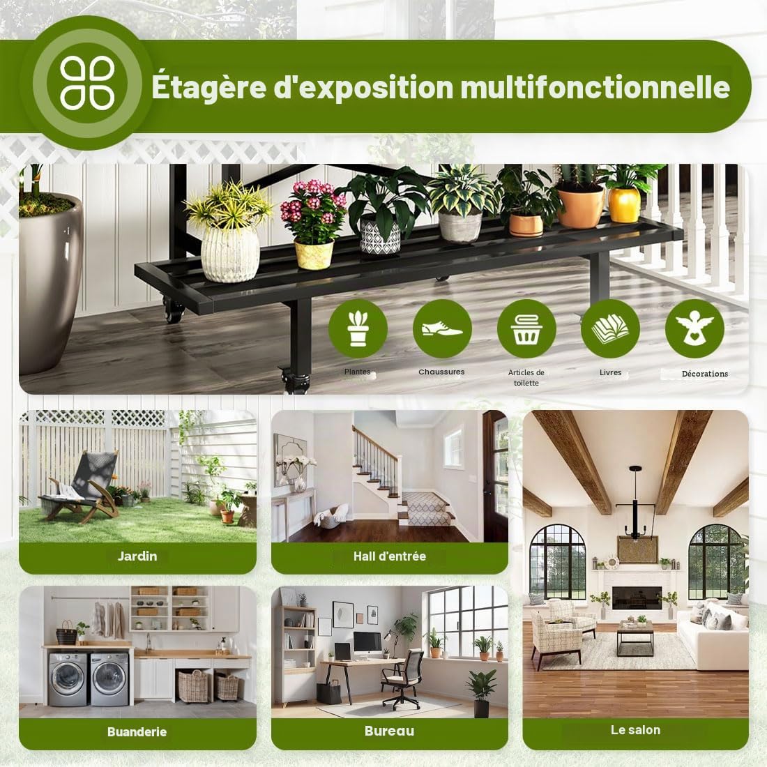 Étagère à Fleurs 2 Étages Métal roulettes Noir pour Intérieur et Extérieur