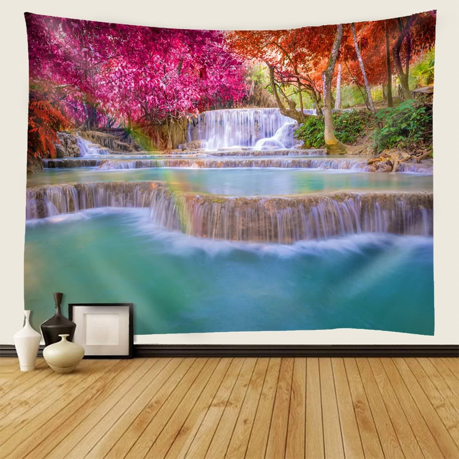 KnSam Dywan ścienny, wodospad, klon, drzewo 300 x 256 cm, ozdoba na ścianę, wielokolorowa, z poliestru, naturalny krajobraz, dywan ścienny, dekoracja ścienna